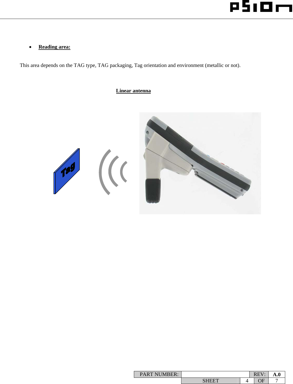                                                                                                                    PART NUMBER:   REV:  A.0   SHEET 4 OF 7       • Reading area:    This area depends on the TAG type, TAG packaging, Tag orientation and environment (metallic or not).   Linear antenna 