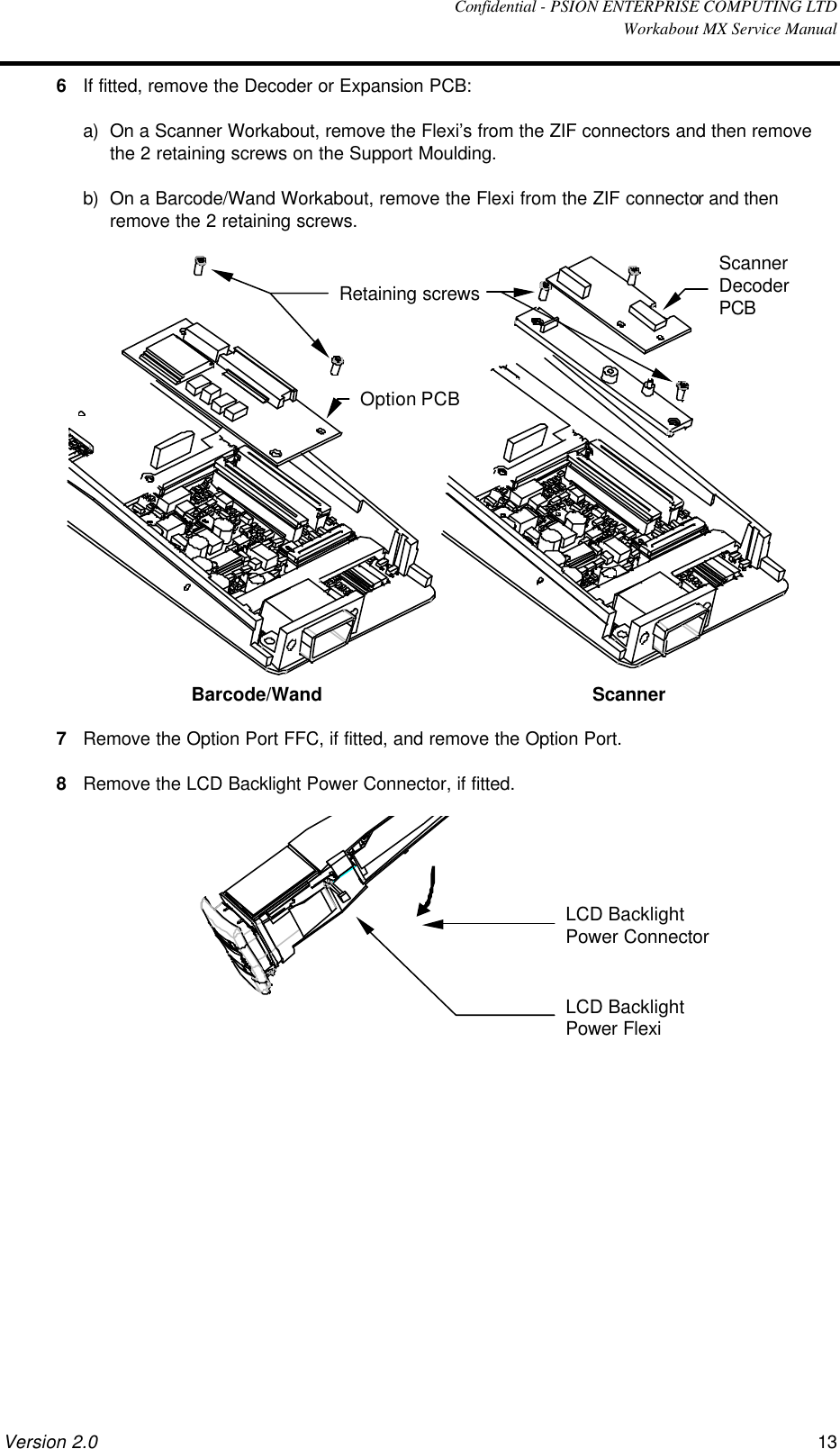  Confidential - PSION ENTERPRISE COMPUTING LTD  Workabout MX Service Manual Version 2.0 13 6 If fitted, remove the Decoder or Expansion PCB: a) On a Scanner Workabout, remove the Flexi’s from the ZIF connectors and then remove the 2 retaining screws on the Support Moulding. b) On a Barcode/Wand Workabout, remove the Flexi from the ZIF connector and then remove the 2 retaining screws.  Retaining screws Option PCB Scanner Decoder PCB Barcode/Wand Scanner  7 Remove the Option Port FFC, if fitted, and remove the Option Port. 8 Remove the LCD Backlight Power Connector, if fitted.    LCD Backlight Power Connector LCD Backlight Power Flexi  