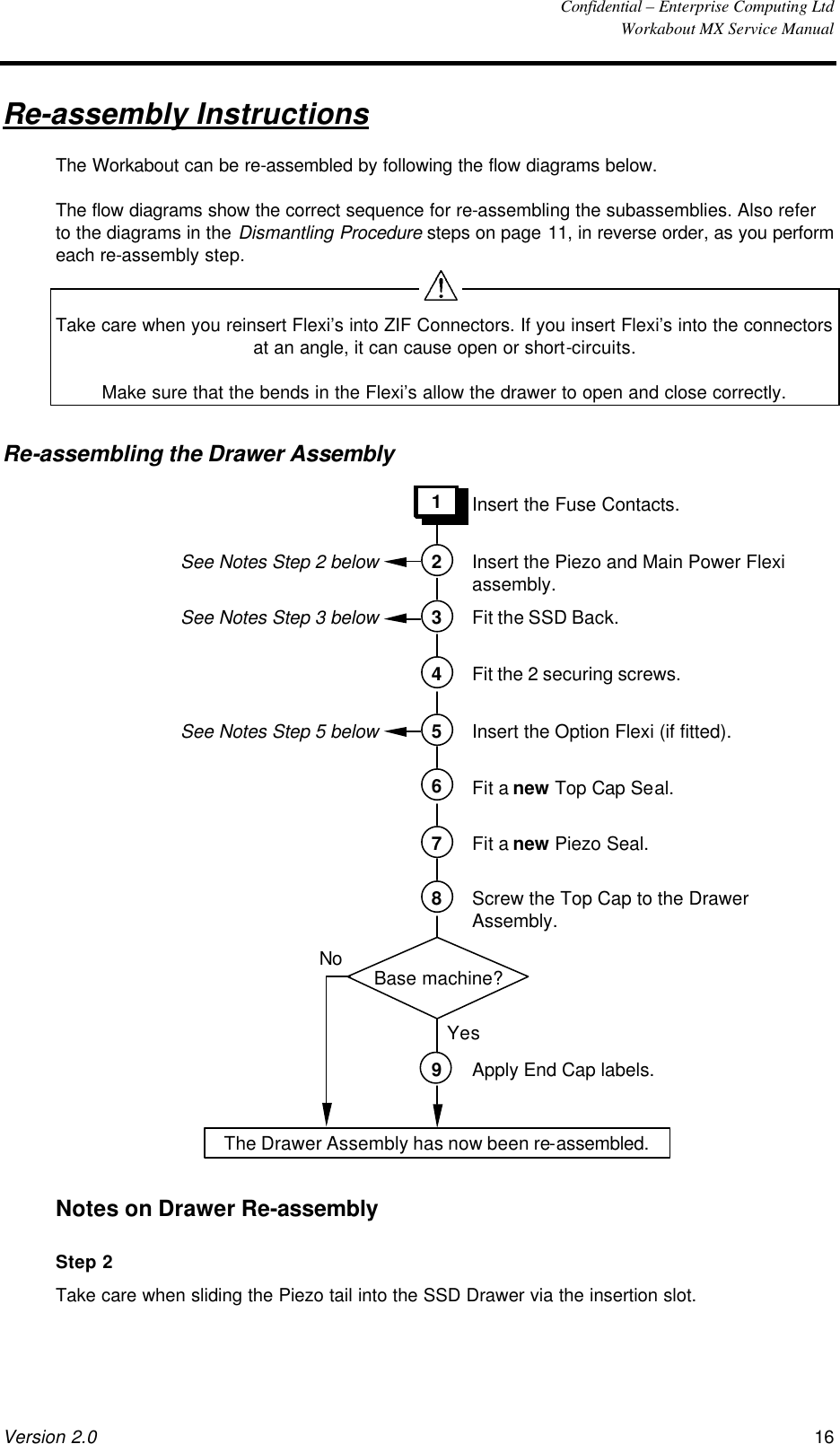  Confidential – Enterprise Computing Ltd  Workabout MX Service Manual Version 2.0 16   Re-assembly Instructions The Workabout can be re-assembled by following the flow diagrams below. The flow diagrams show the correct sequence for re-assembling the subassemblies. Also refer to the diagrams in the Dismantling Procedure steps on page 11, in reverse order, as you perform each re-assembly step.  Take care when you reinsert Flexi’s into ZIF Connectors. If you insert Flexi’s into the connectors at an angle, it can cause open or short-circuits. Make sure that the bends in the Flexi’s allow the drawer to open and close correctly. Re-assembling the Drawer Assembly  1 2 Insert the Piezo and Main Power Flexi assembly. Insert the Fuse Contacts. See Notes Step 2 below3 Fit the SSD Back. See Notes Step 3 below4 Fit the 2 securing screws. 5 Insert the Option Flexi (if fitted). See Notes Step 5 below6 Fit a new Top Cap Seal. 7 Fit a new Piezo Seal. 8 Screw the Top Cap to the Drawer Assembly. The Drawer Assembly has now been re-assembled. 9 Apply End Cap labels. No Yes Base machine?  Notes on Drawer Re-assembly Step 2 Take care when sliding the Piezo tail into the SSD Drawer via the insertion slot.  