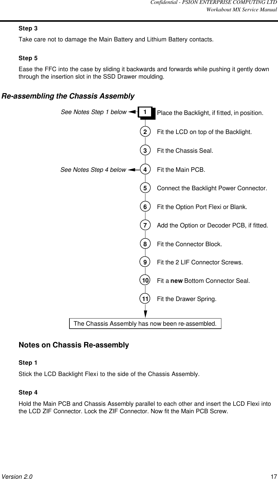  Confidential - PSION ENTERPRISE COMPUTING LTD  Workabout MX Service Manual Version 2.0 17 Step 3 Take care not to damage the Main Battery and Lithium Battery contacts. Step 5 Ease the FFC into the case by sliding it backwards and forwards while pushing it gently down through the insertion slot in the SSD Drawer moulding. Re-assembling the Chassis Assembly  1 2 Fit the LCD on top of the Backlight. Place the Backlight, if fitted, in position. 3 Fit the Chassis Seal. 4 Fit the Main PCB. 5 Connect the Backlight Power Connector. 6 Fit the Option Port Flexi or Blank. 7 Add the Option or Decoder PCB, if fitted. 8 Fit the Connector Block. The Chassis Assembly has now been re-assembled. 11 Fit the Drawer Spring. See Notes Step 1 belowSee Notes Step 4 below9 Fit the 2 LIF Connector Screws. 10 Fit a new Bottom Connector Seal.  Notes on Chassis Re-assembly Step 1 Stick the LCD Backlight Flexi to the side of the Chassis Assembly. Step 4 Hold the Main PCB and Chassis Assembly parallel to each other and insert the LCD Flexi into the LCD ZIF Connector. Lock the ZIF Connector. Now fit the Main PCB Screw. 