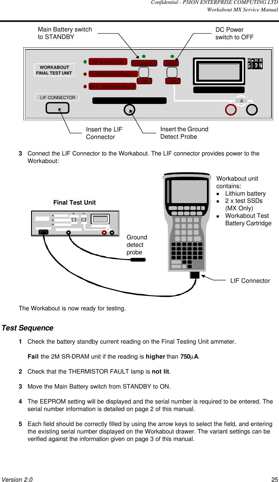  Confidential - PSION ENTERPRISE COMPUTING LTD  Workabout MX Service Manual Version 2.0 25 WORKABOUTFINAL TEST UNITEXP SUPPLY OKBAT. GROUND FAULTTHERMISTOR FAULTSTANDBYONOFFONBATTERY CURRENTGROUND DETECT PROBELIF CONNECTORAInsert the LIFConnectorInsert the GroundDetect ProbeMain Battery switchto STANDBY DC Powerswitch to OFF 3 Connect the LIF Connector to the Workabout. The LIF connector provides power to the Workabout:   Final Test Unit             LIF Connector Workabout unit contains: n Lithium battery n 2 x test SSDs (MX Only) n Workabout Test Battery Cartridge Ground detect probe   The Workabout is now ready for testing. Test Sequence 1 Check the battery standby current reading on the Final Testing Unit ammeter.  Fail the 2M SR-DRAM unit if the reading is higher than 750µA. 2 Check that the THERMISTOR FAULT lamp is not lit. 3 Move the Main Battery switch from STANDBY to ON. 4 The EEPROM setting will be displayed and the serial number is required to be entered. The serial number information is detailed on page 2 of this manual. 5 Each field should be correctly filled by using the arrow keys to select the field, and entering the existing serial number displayed on the Workabout drawer. The variant settings can be verified against the information given on page 3 of this manual.  