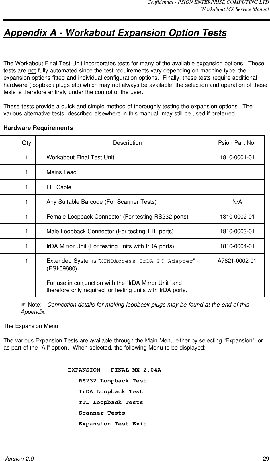  Confidential - PSION ENTERPRISE COMPUTING LTD  Workabout MX Service Manual Version 2.0 29 Appendix A - Workabout Expansion Option Tests  The Workabout Final Test Unit incorporates tests for many of the available expansion options.  These tests are not fully automated since the test requirements vary depending on machine type, the expansion options fitted and individual configuration options.  Finally, these tests require additional  hardware (loopback plugs etc) which may not always be available; the selection and operation of these tests is therefore entirely under the control of the user. These tests provide a quick and simple method of thoroughly testing the expansion options.  The various alternative tests, described elsewhere in this manual, may still be used if preferred. Hardware Requirements Qty Description Psion Part No. 1 Workabout Final Test Unit 1810-0001-01 1 Mains Lead   1 LIF Cable   1 Any Suitable Barcode (For Scanner Tests) N/A 1 Female Loopback Connector (For testing RS232 ports) 1810-0002-01 1 Male Loopback Connector (For testing TTL ports) 1810-0003-01 1 IrDA Mirror Unit (For testing units with IrDA ports) 1810-0004-01 1 Extended Systems “XTNDAccess IrDA PC Adapter” - (ESI-09680) For use in conjunction with the “IrDA Mirror Unit” and therefore only required for testing units with IrDA ports. A7821-0002-01 + Note: - Connection details for making loopback plugs may be found at the end of this Appendix. The Expansion Menu The various Expansion Tests are available through the Main Menu either by selecting “Expansion”  or as part of the “All” option.  When selected, the following Menu to be displayed:-  EXPANSION – FINAL-MX 2.04A       RS232 Loopback Test       IrDA Loopback Test       TTL Loopback Tests       Scanner Tests    Expansion Test Exit 