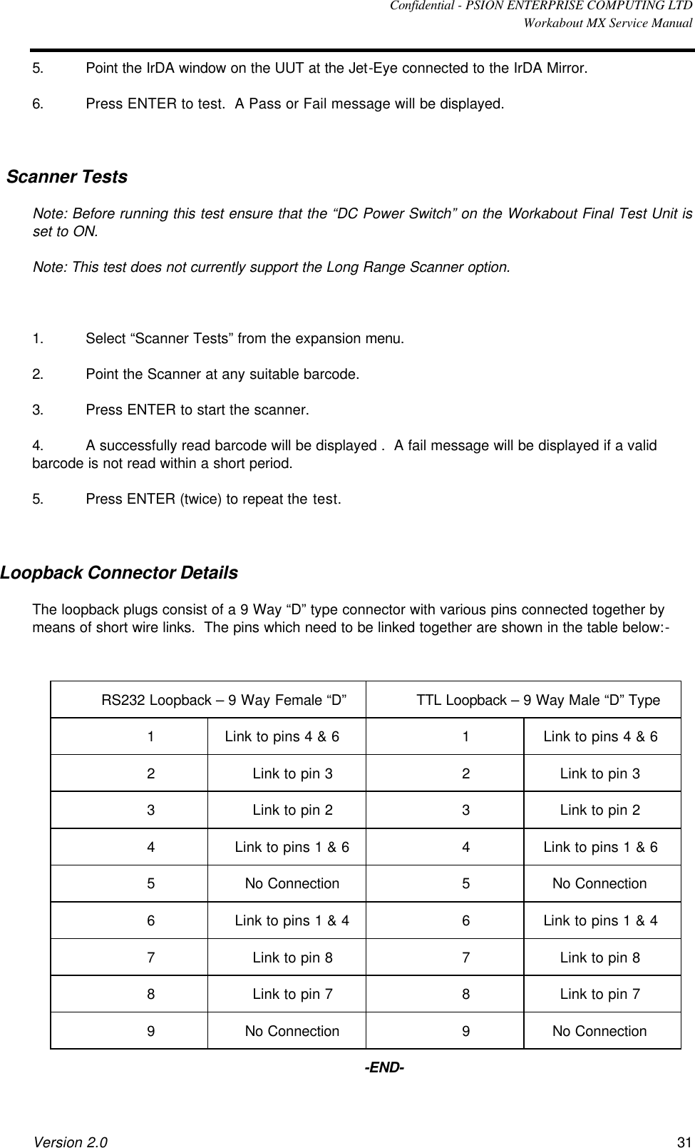  Confidential - PSION ENTERPRISE COMPUTING LTD  Workabout MX Service Manual Version 2.0 31 5. Point the IrDA window on the UUT at the Jet-Eye connected to the IrDA Mirror. 6. Press ENTER to test.  A Pass or Fail message will be displayed.  Scanner Tests Note: Before running this test ensure that the “DC Power Switch” on the Workabout Final Test Unit is set to ON. Note: This test does not currently support the Long Range Scanner option.  1. Select “Scanner Tests” from the expansion menu. 2. Point the Scanner at any suitable barcode. 3. Press ENTER to start the scanner. 4. A successfully read barcode will be displayed .  A fail message will be displayed if a valid barcode is not read within a short period. 5. Press ENTER (twice) to repeat the test.  Loopback Connector Details The loopback plugs consist of a 9 Way “D” type connector with various pins connected together by means of short wire links.  The pins which need to be linked together are shown in the table below:-  RS232 Loopback – 9 Way Female “D” TTL Loopback – 9 Way Male “D” Type 1 Link to pins 4 &amp; 6 1 Link to pins 4 &amp; 6 2 Link to pin 3 2 Link to pin 3 3 Link to pin 2 3 Link to pin 2 4 Link to pins 1 &amp; 6 4 Link to pins 1 &amp; 6 5 No Connection 5 No Connection 6 Link to pins 1 &amp; 4 6 Link to pins 1 &amp; 4 7 Link to pin 8 7 Link to pin 8 8 Link to pin 7 8 Link to pin 7 9 No Connection 9 No Connection -END- 