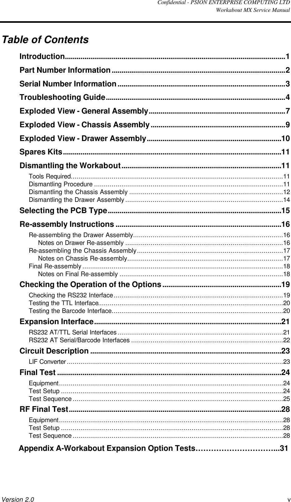  Confidential - PSION ENTERPRISE COMPUTING LTD  Workabout MX Service Manual Version 2.0 v Table of Contents Introduction.................................................................................................................1 Part Number Information.........................................................................................2 Serial Number Information......................................................................................3 Troubleshooting Guide............................................................................................4 Exploded View - General Assembly......................................................................7 Exploded View - Chassis Assembly.....................................................................9 Exploded View - Drawer Assembly.....................................................................10 Spares Kits................................................................................................................11 Dismantling the Workabout..................................................................................11 Tools Required.............................................................................................................11 Dismantling Procedure .................................................................................................11 Dismantling the Chassis Assembly ...............................................................................12 Dismantling the Drawer Assembly.................................................................................14 Selecting the PCB Type.........................................................................................15 Re-assembly Instructions .....................................................................................16 Re-assembling the Drawer Assembly.............................................................................16 Notes on Drawer Re-assembly .................................................................................16 Re-assembling the Chassis Assembly...........................................................................17 Notes on Chassis Re-assembly................................................................................17 Final Re-assembly.......................................................................................................18 Notes on Final Re-assembly ....................................................................................18 Checking the Operation of the Options.............................................................19 Checking the RS232 Interface.......................................................................................19 Testing the TTL Interface...............................................................................................20 Testing the Barcode Interface........................................................................................20 Expansion Interface................................................................................................21 RS232 AT/TTL Serial Interfaces.....................................................................................21 RS232 AT Serial/Barcode Interfaces ..............................................................................22 Circuit Description ..................................................................................................23 LIF Converter...............................................................................................................23 Final Test ...................................................................................................................24 Equipment...................................................................................................................24 Test Setup ..................................................................................................................24 Test Sequence............................................................................................................25 RF Final Test.............................................................................................................28 Equipment...................................................................................................................28 Test Setup ..................................................................................................................28 Test Sequence............................................................................................................28 Appendix A-Workabout Expansion Option Tests…………………………...31