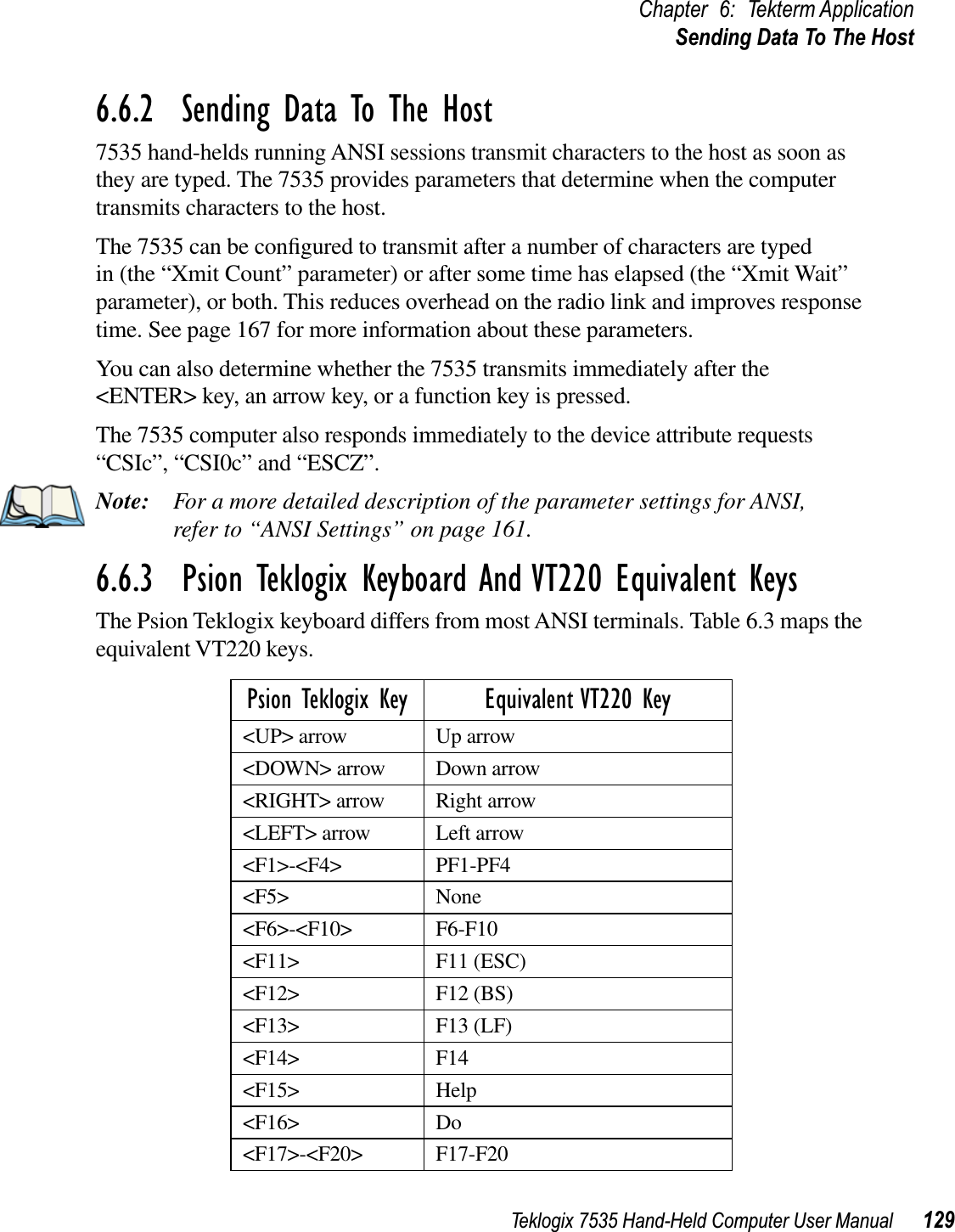 Teklogix 7535 Hand-Held Computer User Manual 129Chapter 6: Tekterm ApplicationSending Data To The Host6.6.2  Sending Data To The Host7535 hand-helds running ANSI sessions transmit characters to the host as soon as they are typed. The 7535 provides parameters that determine when the computer transmits characters to the host.The 7535 can be conﬁgured to transmit after a number of characters are typed in (the “Xmit Count” parameter) or after some time has elapsed (the “Xmit Wait” parameter), or both. This reduces overhead on the radio link and improves response time. See page 167 for more information about these parameters.You can also determine whether the 7535 transmits immediately after the &lt;ENTER&gt; key, an arrow key, or a function key is pressed. The 7535 computer also responds immediately to the device attribute requests “CSIc”, “CSI0c” and “ESCZ”.Note: For a more detailed description of the parameter settings for ANSI, refer to “ANSI Settings” on page 161.6.6.3  Psion Teklogix Keyboard And VT220 Equivalent KeysThe Psion Teklogix keyboard differs from most ANSI terminals. Table 6.3 maps the equivalent VT220 keys.Psion Teklogix Key Equivalent VT220 Key&lt;UP&gt; arrow Up arrow&lt;DOWN&gt; arrow Down arrow&lt;RIGHT&gt; arrow Right arrow&lt;LEFT&gt; arrow Left arrow&lt;F1&gt;-&lt;F4&gt; PF1-PF4&lt;F5&gt; None&lt;F6&gt;-&lt;F10&gt; F6-F10&lt;F11&gt; F11 (ESC)&lt;F12&gt; F12 (BS)&lt;F13&gt; F13 (LF)&lt;F14&gt; F14&lt;F15&gt; Help&lt;F16&gt; Do&lt;F17&gt;-&lt;F20&gt; F17-F20