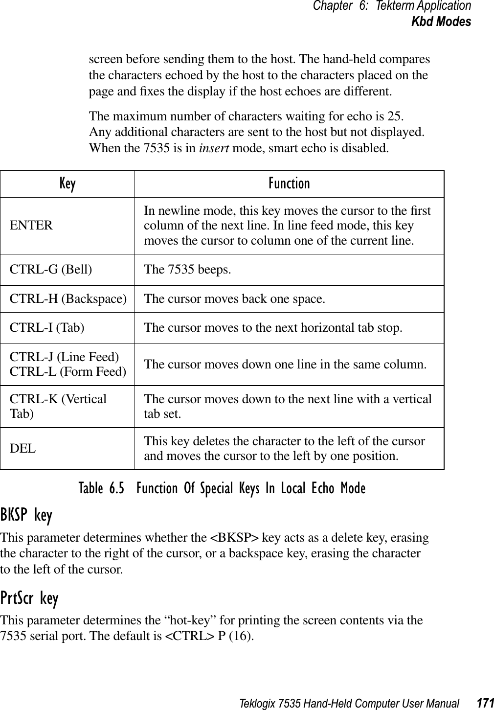 Teklogix 7535 Hand-Held Computer User Manual 171Chapter 6: Tekterm ApplicationKbd Modesscreen before sending them to the host. The hand-held compares the characters echoed by the host to the characters placed on the page and ﬁxes the display if the host echoes are different.The maximum number of characters waiting for echo is 25. Any additional characters are sent to the host but not displayed. When the 7535 is in insert mode, smart echo is disabled.Table 6.5  Function Of Special Keys In Local Echo ModeBKSP keyThis parameter determines whether the &lt;BKSP&gt; key acts as a delete key, erasing the character to the right of the cursor, or a backspace key, erasing the character to the left of the cursor.PrtScr keyThis parameter determines the “hot-key” for printing the screen contents via the 7535 serial port. The default is &lt;CTRL&gt; P (16).Key FunctionENTER In newline mode, this key moves the cursor to the ﬁrst column of the next line. In line feed mode, this key moves the cursor to column one of the current line.CTRL-G (Bell) The 7535 beeps.CTRL-H (Backspace) The cursor moves back one space.CTRL-I (Tab) The cursor moves to the next horizontal tab stop.CTRL-J (Line Feed)CTRL-L (Form Feed) The cursor moves down one line in the same column.CTRL-K (Vertical Tab) The cursor moves down to the next line with a vertical tab set.DEL This key deletes the character to the left of the cursor and moves the cursor to the left by one position.