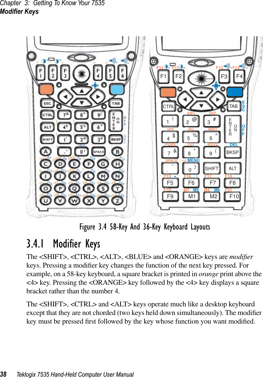 Chapter 3: Getting To Know Your 7535Modiﬁer Keys38 Teklogix 7535 Hand-Held Computer User ManualFigure 3.4 58-Key And 36-Key Keyboard Layouts3.4.1  Modiﬁer KeysThe &lt;SHIFT&gt;, &lt;CTRL&gt;, &lt;ALT&gt;, &lt;BLUE&gt; and &lt;ORANGE&gt; keys are modiﬁerkeys. Pressing a modiﬁer key changes the function of the next key pressed. For example, on a 58-key keyboard, a square bracket is printed in orange print above the &lt;4&gt; key. Pressing the &lt;ORANGE&gt; key followed by the &lt;4&gt; key displays a square bracket rather than the number 4. The &lt;SHIFT&gt;, &lt;CTRL&gt; and &lt;ALT&gt; keys operate much like a desktop keyboard except that they are not chorded (two keys held down simultaneously). The modiﬁer key must be pressed ﬁrst followed by the key whose function you want modiﬁed.F11 F12 F13 F14ABC DEFGHI JKL MNOPQRS TUV WXYZSPACE ______F15 F16 F17F19F18F20M3 M4ESCOFFDELF1 F2 F3 F4CTRL TAB1!4$2@3#5%6^7&amp;8*9(.&apos;0)SHIFT ALTBKSPF5 F6 F7 F8F9 M1 M2 F10MENU+-M5 M6ENTERON