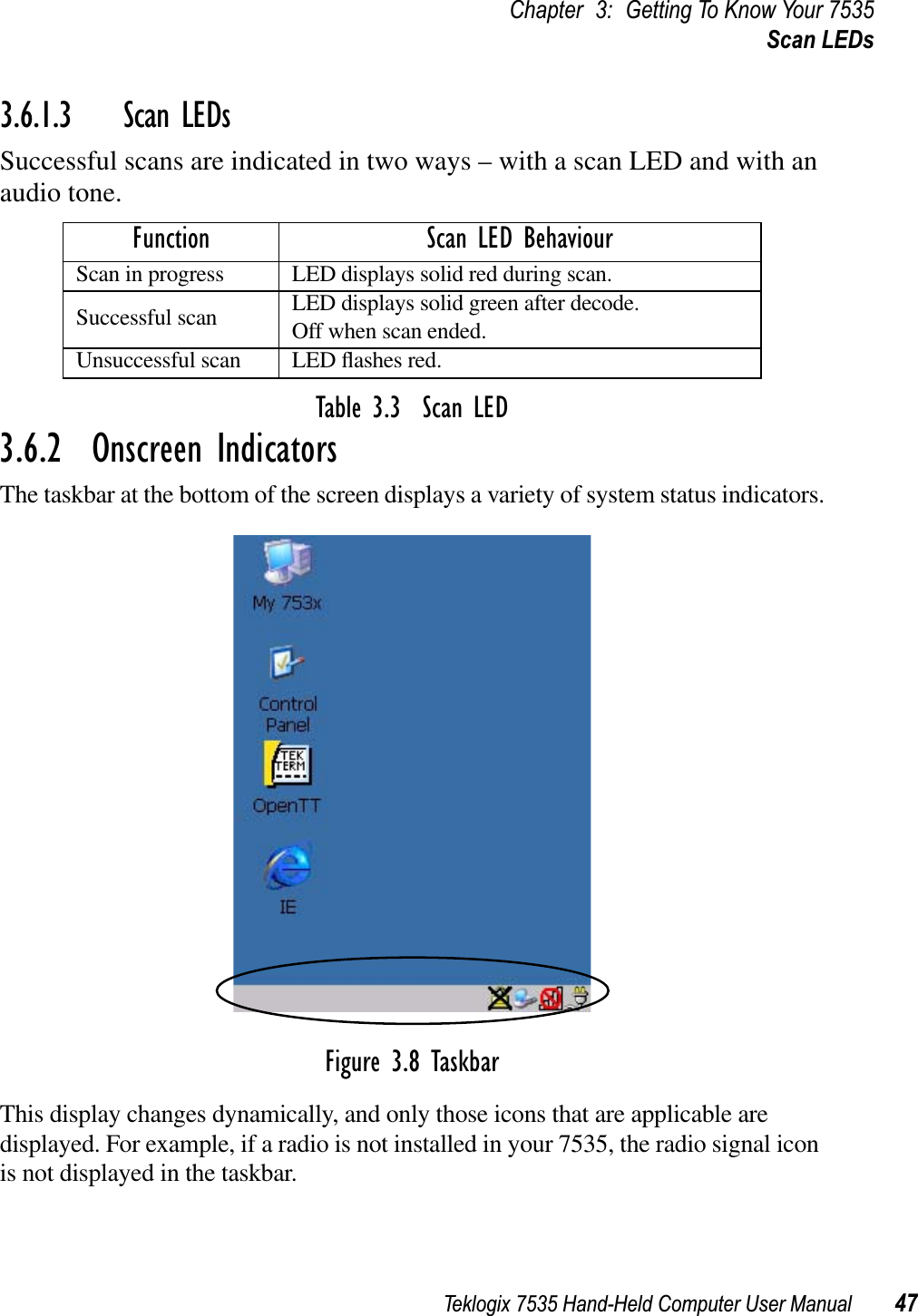 Teklogix 7535 Hand-Held Computer User Manual 47Chapter 3: Getting To Know Your 7535Scan LEDs3.6.1.3 Scan LEDsSuccessful scans are indicated in two ways – with a scan LED and with an audio tone.Table 3.3  Scan LED3.6.2  Onscreen IndicatorsThe taskbar at the bottom of the screen displays a variety of system status indicators.Figure 3.8 TaskbarThis display changes dynamically, and only those icons that are applicable are displayed. For example, if a radio is not installed in your 7535, the radio signal icon is not displayed in the taskbar.Function Scan LED BehaviourScan in progress LED displays solid red during scan.Successful scan LED displays solid green after decode. Off when scan ended.Unsuccessful scan LED ﬂashes red.
