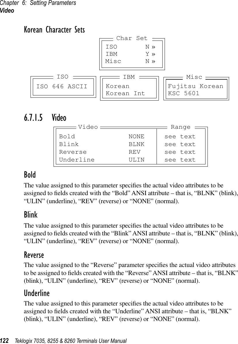 Chapter 6: Setting ParametersVideo122 Teklogix 7035, 8255 &amp; 8260 Terminals User ManualKorean Character Sets6.7.1.5 VideoBoldThe value assigned to this parameter speciﬁes the actual video attributes to be assigned to ﬁelds created with the “Bold” ANSI attribute – that is, “BLNK” (blink), “ULIN” (underline), “REV” (reverse) or “NONE” (normal).BlinkThe value assigned to this parameter speciﬁes the actual video attributes to be assigned to ﬁelds created with the “Blink” ANSI attribute – that is, “BLNK” (blink), “ULIN” (underline), “REV” (reverse) or “NONE” (normal).ReverseThe value assigned to the “Reverse” parameter speciﬁes the actual video attributes to be assigned to ﬁelds created with the “Reverse” ANSI attribute – that is, “BLNK” (blink), “ULIN” (underline), “REV” (reverse) or “NONE” (normal).UnderlineThe value assigned to this parameter speciﬁes the actual video attributes to be assigned to ﬁelds created with the “Underline” ANSI attribute – that is, “BLNK” (blink), “ULIN” (underline), “REV” (reverse) or “NONE” (normal).ISO N »IBM Y »Misc N »Char SetISO 646 ASCIIISOKoreanKorean IntIBM MiscFujitsu KoreanKSC 5601Bold NONE see textBlink BLNK see textReverse REV see textUnderline ULIN see textVideo Range