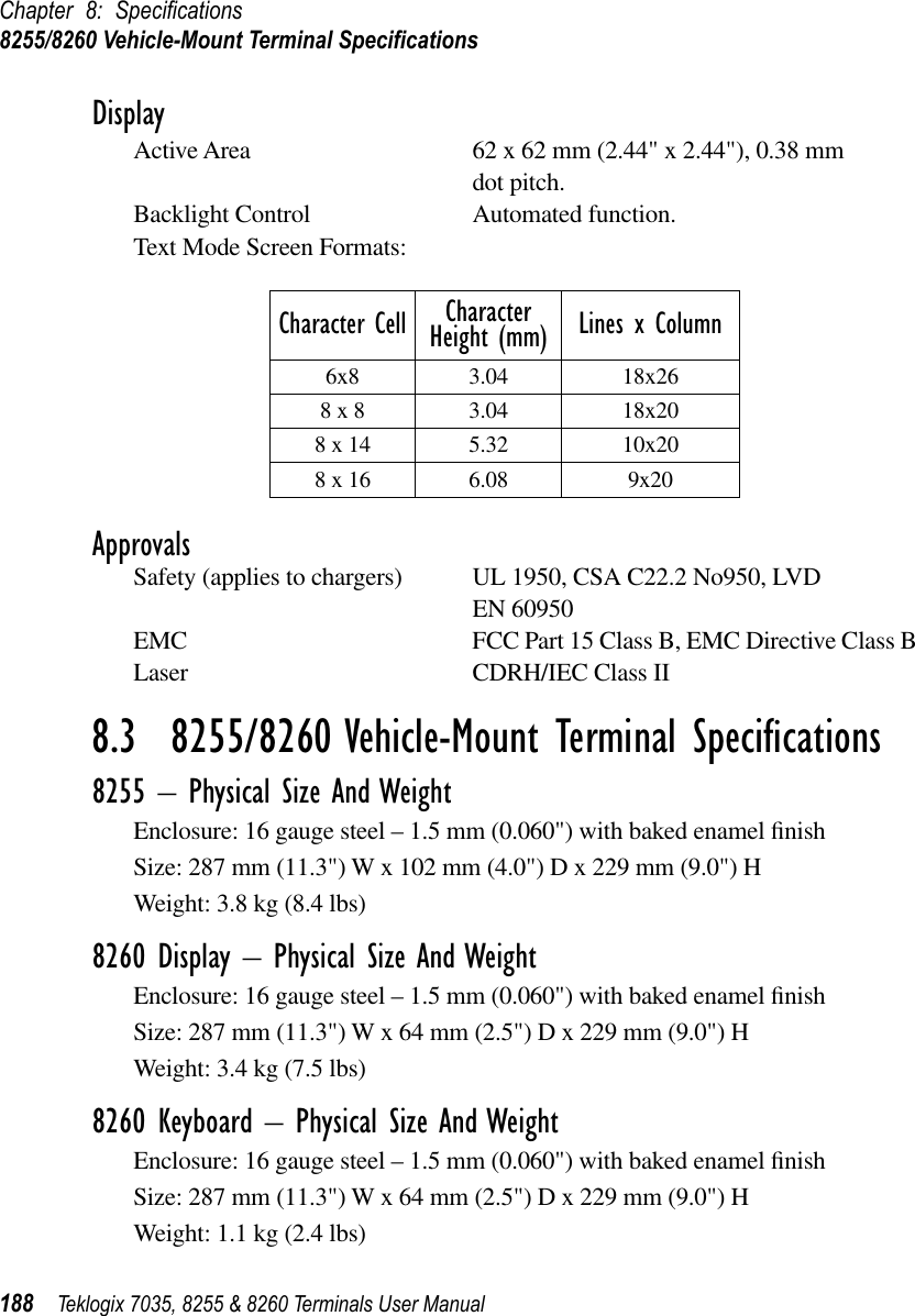 Chapter 8: Speciﬁcations8255/8260 Vehicle-Mount Terminal Speciﬁcations188 Teklogix 7035, 8255 &amp; 8260 Terminals User ManualDisplayActive Area 62 x 62 mm (2.44&quot; x 2.44&quot;), 0.38 mm dot pitch.Backlight Control Automated function.Text Mode Screen Formats:ApprovalsSafety (applies to chargers) UL 1950, CSA C22.2 No950, LVD EN 60950EMC FCC Part 15 Class B, EMC Directive Class BLaser CDRH/IEC Class II8.3  8255/8260 Vehicle-Mount Terminal Speciﬁcations8255 – Physical Size And WeightEnclosure: 16 gauge steel – 1.5 mm (0.060&quot;) with baked enamel ﬁnishSize: 287 mm (11.3&quot;) W x 102 mm (4.0&quot;) D x 229 mm (9.0&quot;) HWeight: 3.8 kg (8.4 lbs)8260 Display – Physical Size And WeightEnclosure: 16 gauge steel – 1.5 mm (0.060&quot;) with baked enamel ﬁnishSize: 287 mm (11.3&quot;) W x 64 mm (2.5&quot;) D x 229 mm (9.0&quot;) HWeight: 3.4 kg (7.5 lbs)8260 Keyboard – Physical Size And WeightEnclosure: 16 gauge steel – 1.5 mm (0.060&quot;) with baked enamel ﬁnishSize: 287 mm (11.3&quot;) W x 64 mm (2.5&quot;) D x 229 mm (9.0&quot;) HWeight: 1.1 kg (2.4 lbs)Character Cell Character Height (mm) Lines x Column6x8 3.04 18x268 x 8 3.04 18x208 x 14 5.32 10x208 x 16 6.08 9x20