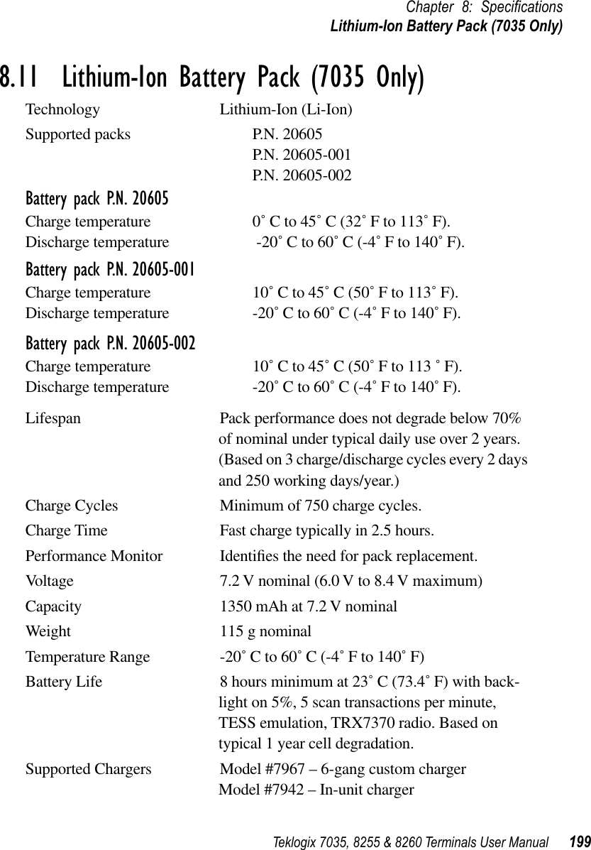 Teklogix 7035, 8255 &amp; 8260 Terminals User Manual 199Chapter 8: SpeciﬁcationsLithium-Ion Battery Pack (7035 Only)8.11  Lithium-Ion Battery Pack (7035 Only)Technology Lithium-Ion (Li-Ion)Supported packs P.N. 20605P.N. 20605-001P.N. 20605-002Battery pack P.N. 20605Charge temperature 0˚ C to 45˚ C (32˚ F to 113˚ F).Discharge temperature  -20˚ C to 60˚ C (-4˚ F to 140˚ F).Battery pack P.N. 20605-001Charge temperature 10˚ C to 45˚ C (50˚ F to 113˚ F).Discharge temperature -20˚ C to 60˚ C (-4˚ F to 140˚ F).Battery pack P.N. 20605-002Charge temperature 10˚ C to 45˚ C (50˚ F to 113 ˚ F).Discharge temperature -20˚ C to 60˚ C (-4˚ F to 140˚ F).Lifespan Pack performance does not degrade below 70% of nominal under typical daily use over 2 years. (Based on 3 charge/discharge cycles every 2 days and 250 working days/year.)Charge Cycles Minimum of 750 charge cycles.Charge Time Fast charge typically in 2.5 hours.Performance Monitor Identiﬁes the need for pack replacement.Voltage 7.2 V nominal (6.0 V to 8.4 V maximum)Capacity 1350 mAh at 7.2 V nominalWeight 115 g nominalTemperature Range -20˚ C to 60˚ C (-4˚ F to 140˚ F)Battery Life 8 hours minimum at 23˚ C (73.4˚ F) with back-light on 5%, 5 scan transactions per minute, TESS emulation, TRX7370 radio. Based on typical 1 year cell degradation.Supported Chargers Model #7967 – 6-gang custom chargerModel #7942 – In-unit charger