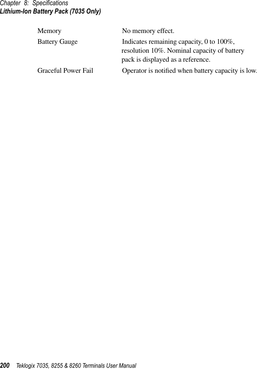 Chapter 8: SpeciﬁcationsLithium-Ion Battery Pack (7035 Only)200 Teklogix 7035, 8255 &amp; 8260 Terminals User ManualMemory No memory effect.Battery Gauge Indicates remaining capacity, 0 to 100%, resolution 10%. Nominal capacity of battery pack is displayed as a reference.Graceful Power Fail Operator is notiﬁed when battery capacity is low.