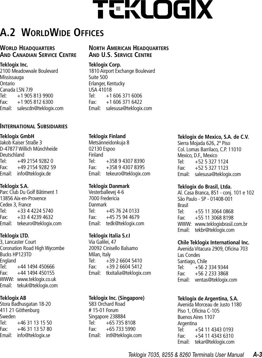 Teklogix 7035, 8255 &amp; 8260 Terminals User Manual A-3A.2  WORLDWIDE OFFICESWORLD HEADQUARTERS AND CANADIAN SERVICE CENTRETeklogix Inc.2100 Meadowvale BoulevardMississaugaOntarioCanada L5N 7J9Tel: +1 905 813 9900Fax: +1 905 812 6300Email: salescdn@teklogix.comINTERNATIONAL SUBSIDIARIESTeklogix GmbHJakob Kaiser Straße 3D-47877 Willich MünchheideDeutschlandTel: +49 2154 9282 0Fax: +49 2154 9282 59Email: info@teklogix.deTeklogix S.A.Parc Club Du Golf Bâtiment 113856 Aix-en-ProvenceCedex 3, FranceTel: +33 4 4224 5740Fax: +33 4 4239 4632Email: tekeuro@teklogix.comTeklogix LTD.3, Lancaster Court Coronation Road High WycombeBucks HP123TDEnglandTel: +44 1494 450666Fax: +44 1494 450155WWW: www.teklogix.co.ukEmail: tekuk@teklogix.comTeklogix ABStora Badhusgatan 18-20411 21 GöthenburgSwedenTel: +46 31 13 15 50Fax: +46 31 13 57 80Email: info@teklogix.seNORTH AMERICAN HEADQUARTERS AND U.S. SERVICE CENTRETeklogix Corp.1810 Airport Exchange BoulevardSuite 500Erlanger, KentuckyUSA 41018Tel: +1 606 371 6006Fax: +1 606 371 6422Email: salesusa@teklogix.comTeklogix FinlandMetsänneidonkuja 802130 EspooFinlandTel: +358 9 4307 8390Fax: +358 9 4307 8395Email: tekeuro@teklogix.comTeklogix DanmarkVesterballevej 4-67000 FredericiaDanmarkTel: +45 76 24 0133Fax: +45 75 94 4679Email: tedk@teklogix.comTeklogix Italia S.r.IVia Galilei, 4720092 Cinisello BalsamoMilan, ItalyTel: +39 2 6604 5410Fax: +39 2 6604 5412Email: tkxitalia@teklogix.comTeklogix Inc. (Singapore)583 Orchard Road# 15-01 ForumSingapore 238884Tel: +65 735 8108Fax: +65 733 5990Email: intl@teklogix.comTeklogix de Mexico, S.A. de C.V.Sierra Mojada 626, 2º PisoCol. Lomas Barrilaco, C.P. 11010Mexico, D.F., MexicoTel: +52 5 327 1124Fax: +52 5 327 1123Email: salesusa@teklogix.comTeklogix do Brasil, Ltda.Al. Casa Branca, 851 - conj. 101 e 102São Paulo - SP - 01408-001BrasilTel: +55 11 3064 0868Fax: +55 11 3068 8198WWW: www.teklogixbrasil.com.brEmail: tekbr@teklogix.comChile Teklogix International Inc.Avenida Vitacura 2909, Oﬁcina 703Las CondesSantiago, ChileTel: +56 2 334 9344Fax: +56 2 233 3868Email: ventas@teklogix.comTeklogix de Argentina, S.A.Avenida Morceau de Justo 1180Piso 1, Oﬁcina C-105Buenos Aires 1107ArgentinaTel: +54 11 4343 0193Fax: +54 11 4343 6310Email: tekar@teklogix.com