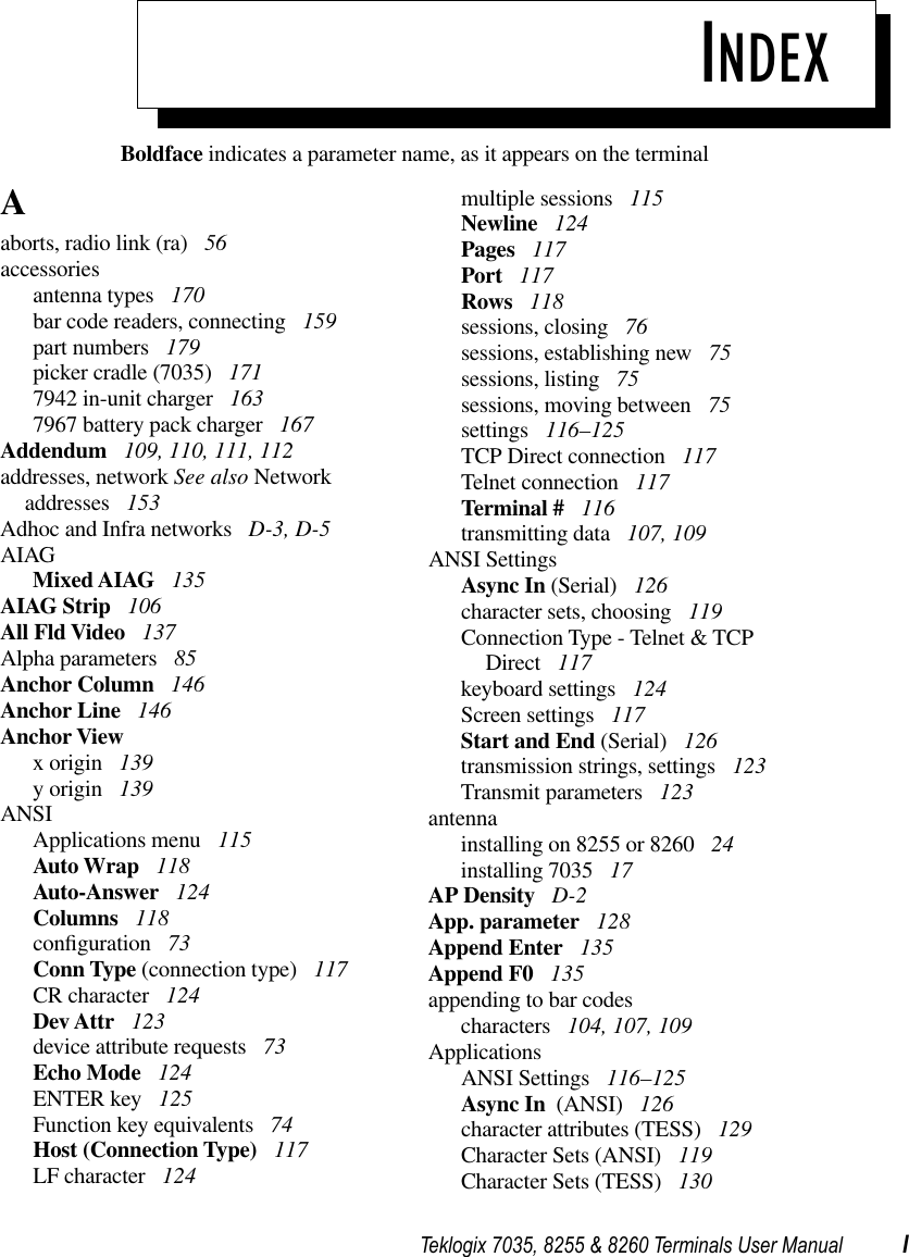 Teklogix 7035, 8255 &amp; 8260 Terminals User Manual IINDEXBoldface indicates a parameter name, as it appears on the terminalAaborts, radio link (ra)  56accessoriesantenna types  170bar code readers, connecting  159part numbers  179picker cradle (7035)  1717942 in-unit charger  1637967 battery pack charger  167Addendum  109, 110, 111, 112addresses, network See also Network addresses  153Adhoc and Infra networks  D-3, D-5AIAGMixed AIAG  135AIAG Strip  106All Fld Video  137Alpha parameters  85Anchor Column  146Anchor Line  146Anchor Viewx origin  139y origin  139ANSIApplications menu  115Auto Wrap  118Auto-Answer  124Columns  118conﬁguration  73Conn Type (connection type)  117CR character  124Dev Attr  123device attribute requests  73Echo Mode  124ENTER key  125Function key equivalents  74Host (Connection Type)  117LF character  124multiple sessions  115Newline  124Pages  117Port  117Rows  118sessions, closing  76sessions, establishing new  75sessions, listing  75sessions, moving between  75settings  116–125TCP Direct connection  117Telnet connection  117Terminal #  116transmitting data  107, 109ANSI SettingsAsync In (Serial)  126character sets, choosing  119Connection Type - Telnet &amp; TCP Direct  117keyboard settings  124Screen settings  117Start and End (Serial)  126transmission strings, settings  123Transmit parameters  123antennainstalling on 8255 or 8260  24installing 7035  17AP Density  D-2App. parameter  128Append Enter  135Append F0  135appending to bar codescharacters  104, 107, 109ApplicationsANSI Settings  116–125Async In  (ANSI)  126character attributes (TESS)  129Character Sets (ANSI)  119Character Sets (TESS)  130