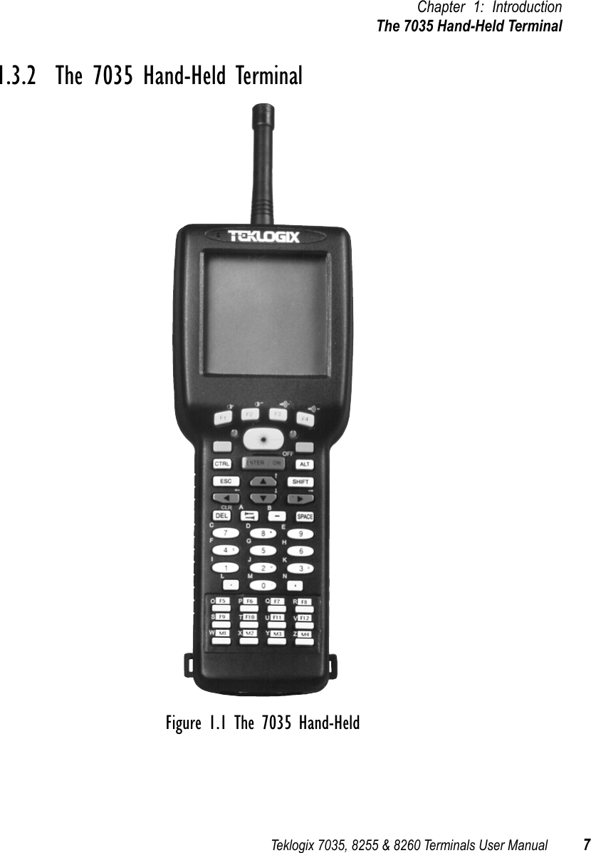 Teklogix 7035, 8255 &amp; 8260 Terminals User Manual 7Chapter 1: IntroductionThe 7035 Hand-Held Terminal1.3.2  The 7035 Hand-Held TerminalFigure 1.1 The 7035 Hand-Held