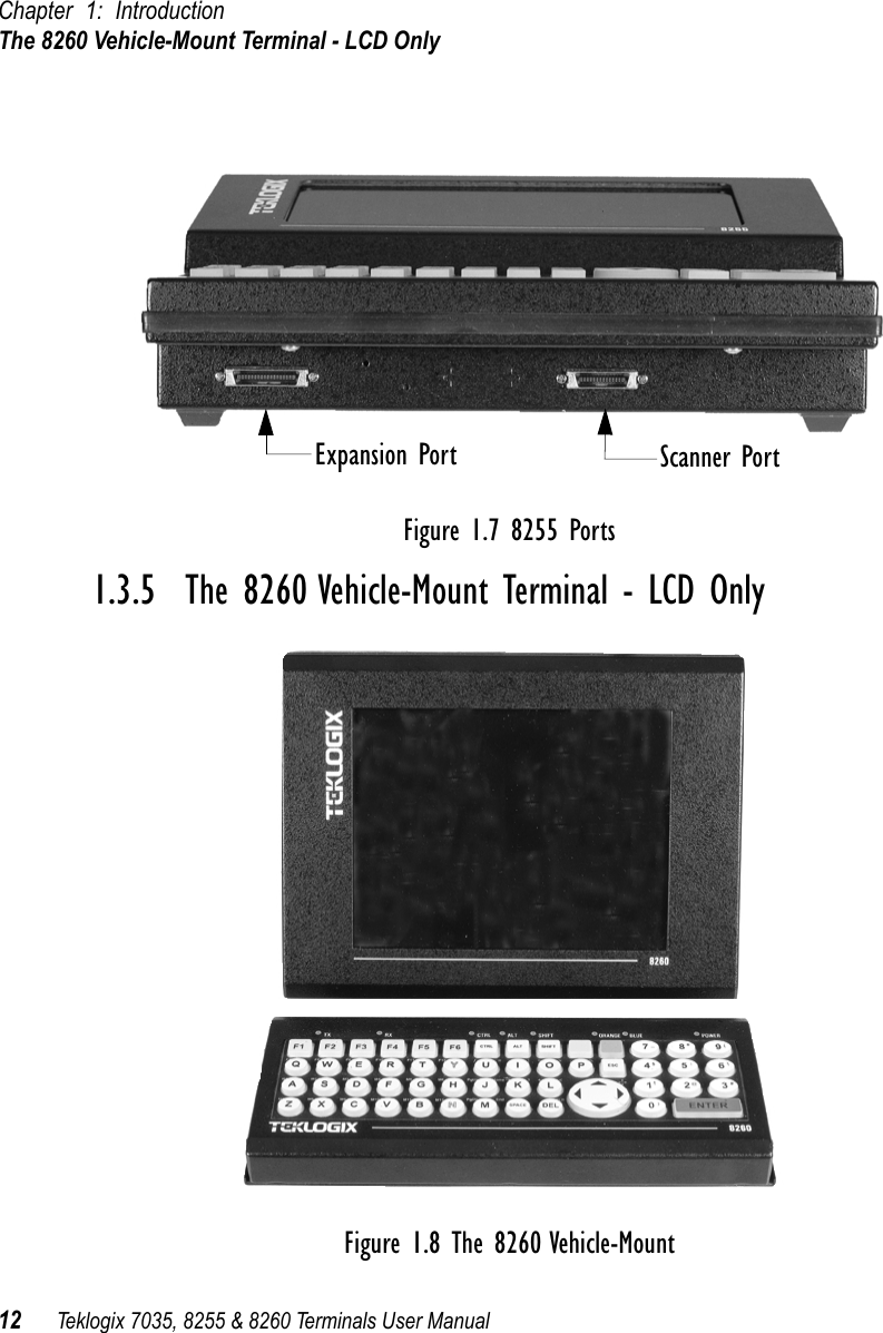 Chapter 1: IntroductionThe 8260 Vehicle-Mount Terminal - LCD Only12 Teklogix 7035, 8255 &amp; 8260 Terminals User ManualFigure 1.7 8255 Ports1.3.5  The 8260 Vehicle-Mount Terminal - LCD OnlyFigure 1.8 The 8260 Vehicle-MountScanner PortExpansion Port