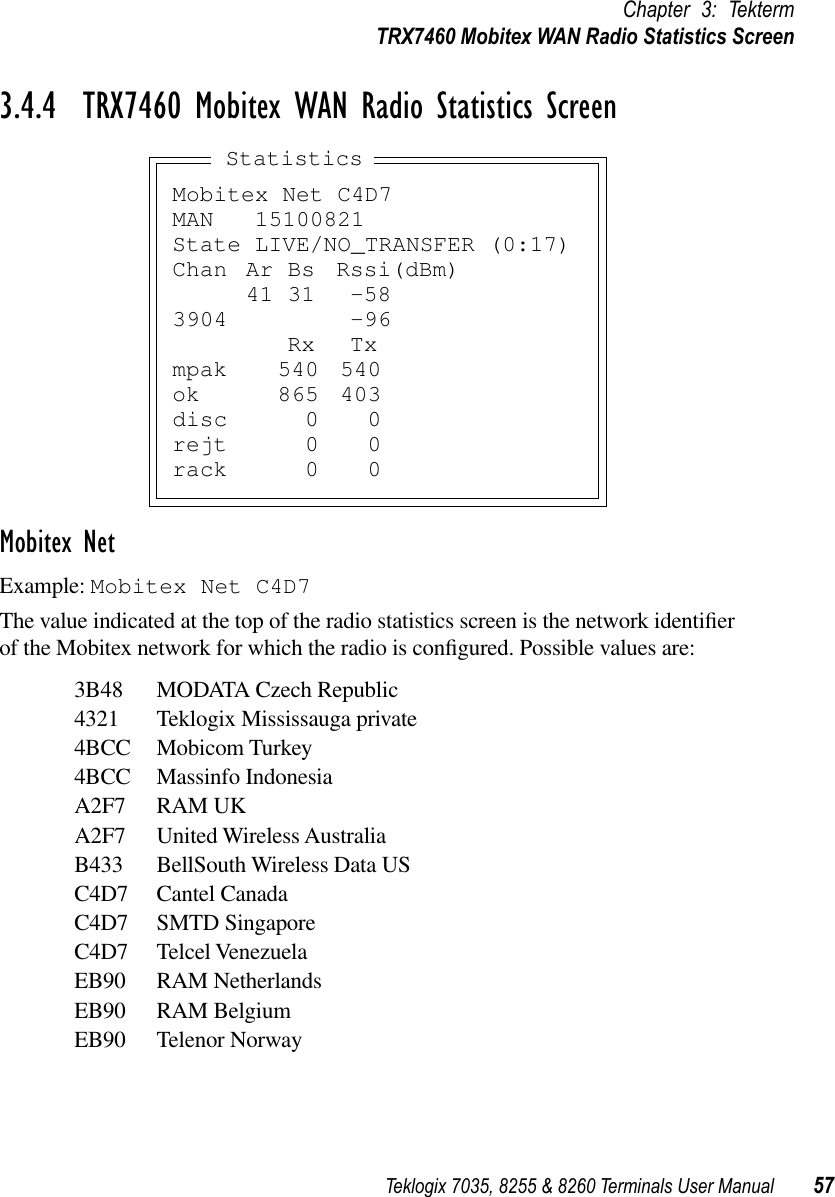 Teklogix 7035, 8255 &amp; 8260 Terminals User Manual 57Chapter 3: TektermTRX7460 Mobitex WAN Radio Statistics Screen3.4.4  TRX7460 Mobitex WAN Radio Statistics ScreenMobitex NetExample: Mobitex Net C4D7The value indicated at the top of the radio statistics screen is the network identiﬁer of the Mobitex network for which the radio is conﬁgured. Possible values are:3B48 MODATA Czech Republic4321 Teklogix Mississauga private    4BCC Mobicom Turkey 4BCC Massinfo Indonesia      A2F7 RAM UK A2F7 United Wireless Australia       B433 BellSouth Wireless Data US      C4D7 Cantel Canada   C4D7 SMTD Singapore C4D7 Telcel Venezuela        EB90 RAM Netherlands EB90 RAM Belgium     EB90 Telenor Norway Mobitex Net C4D7MAN   15100821State LIVE/NO_TRANSFER (0:17)Chan Ar Bs Rssi(dBm)41 31 -583904 -96Rx Txmpak 540 540ok 865 403disc 0 0rejt 0 0rack 0 0Statistics