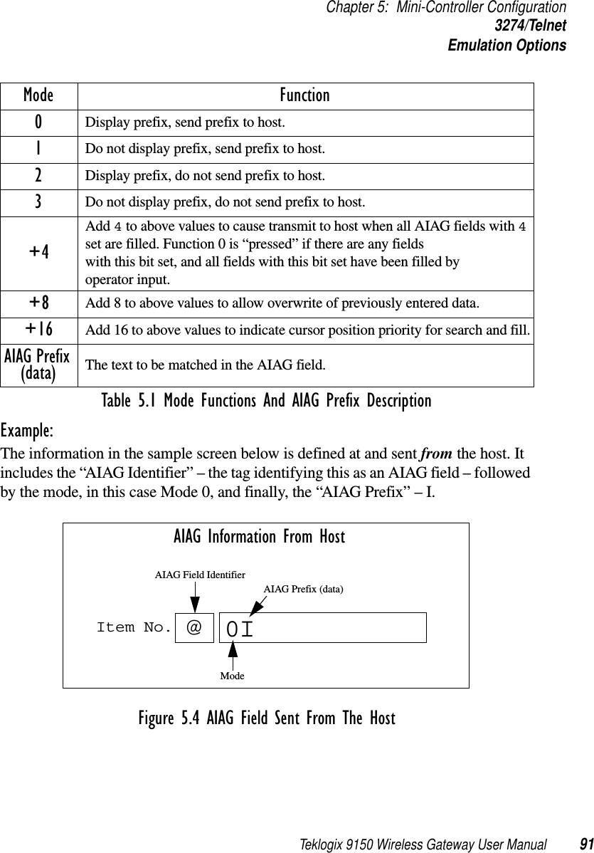 Teklogix 9150 Wireless Gateway User Manual 91Chapter 5: Mini-Controller Configuration3274/TelnetEmulation OptionsTable 5.1 Mode Functions And AIAG Prefix DescriptionExample: The information in the sample screen below is defined at and sent from the host. It includes the “AIAG Identifier” – the tag identifying this as an AIAG field – followed by the mode, in this case Mode 0, and finally, the “AIAG Prefix” – I.Figure 5.4 AIAG Field Sent From The HostMode Function0Display prefix, send prefix to host.1Do not display prefix, send prefix to host.2Display prefix, do not send prefix to host.3Do not display prefix, do not send prefix to host.+4Add 4 to above values to cause transmit to host when all AIAG fields with 4 set are filled. Function 0 is “pressed” if there are any fields with this bit set, and all fields with this bit set have been filled by operator input.+8 Add 8 to above values to allow overwrite of previously entered data.+16 Add 16 to above values to indicate cursor position priority for search and fill.AIAG Prefix (data) The text to be matched in the AIAG field.Item No. @0AIAG Information From HostAIAG Prefix (data)ModeAIAG Field IdentifierI