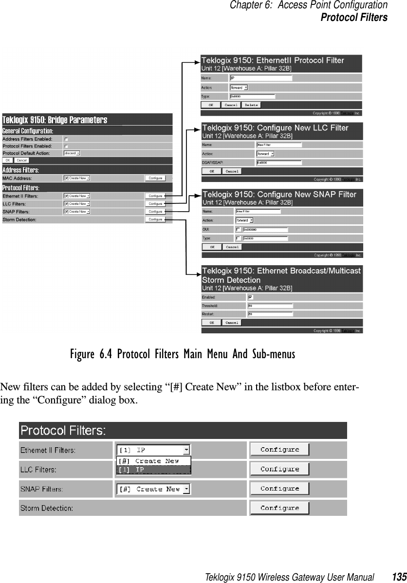 Teklogix 9150 Wireless Gateway User Manual 135Chapter 6: Access Point ConfigurationProtocol FiltersFigure 6.4 Protocol Filters Main Menu And Sub-menusNew filters can be added by selecting “[#] Create New” in the listbox before enter-ing the “Configure” dialog box.