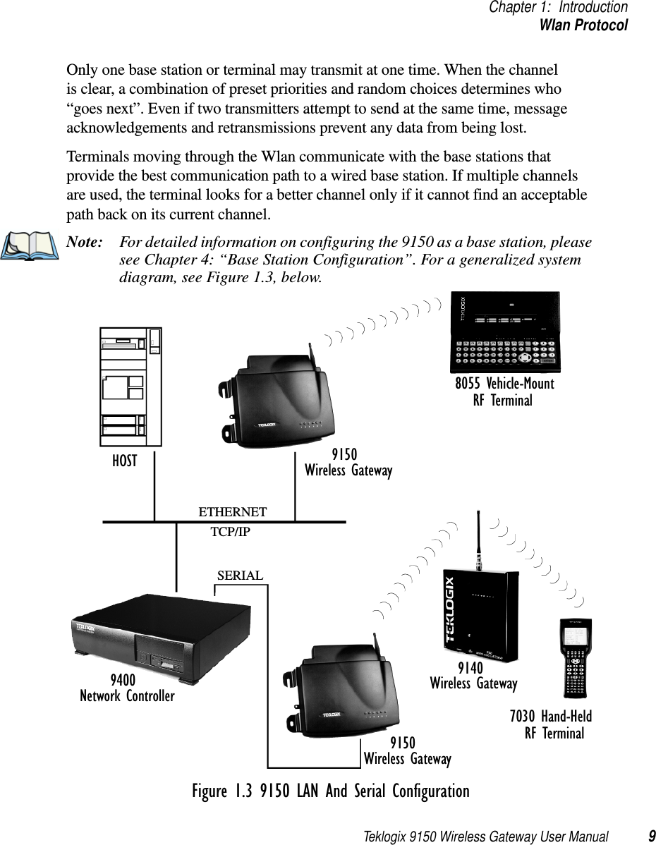 Teklogix 9150 Wireless Gateway User Manual 9Chapter 1: IntroductionWlan ProtocolOnly one base station or terminal may transmit at one time. When the channel is clear, a combination of preset priorities and random choices determines who “goes next”. Even if two transmitters attempt to send at the same time, message acknowledgements and retransmissions prevent any data from being lost.Terminals moving through the Wlan communicate with the base stations that provide the best communication path to a wired base station. If multiple channels are used, the terminal looks for a better channel only if it cannot find an acceptable path back on its current channel.Note: For detailed information on configuring the 9150 as a base station, please see Chapter 4: “Base Station Configuration”. For a generalized system diagram, see Figure 1.3, below.Figure 1.3 9150 LAN And Serial Configuration9150ETHERNETTCP/IP915091408055 Vehicle-Mount94007030 Hand-HeldSERIALWireless GatewayNetwork ControllerWireless GatewayRF TerminalRF TerminalWireless GatewayHOST