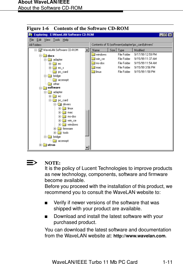 About WaveLAN/IEEEAbout the Software CD-ROMWaveLAN/IEEE Turbo 11 Mb PC Card 1-11Figure 1-6  Contents of the Software CD-ROMNOTE:It is the policy of Lucent Technologies to improve products as new technology, components, software and firmware become available. Before you proceed with the installation of this product, we recommend you to consult the WaveLAN website to:■Verify if newer versions of the software that was shipped with your product are available.■Download and install the latest software with your purchased product.You can download the latest software and documentation from the WaveLAN website at: http://www.wavelan.com.