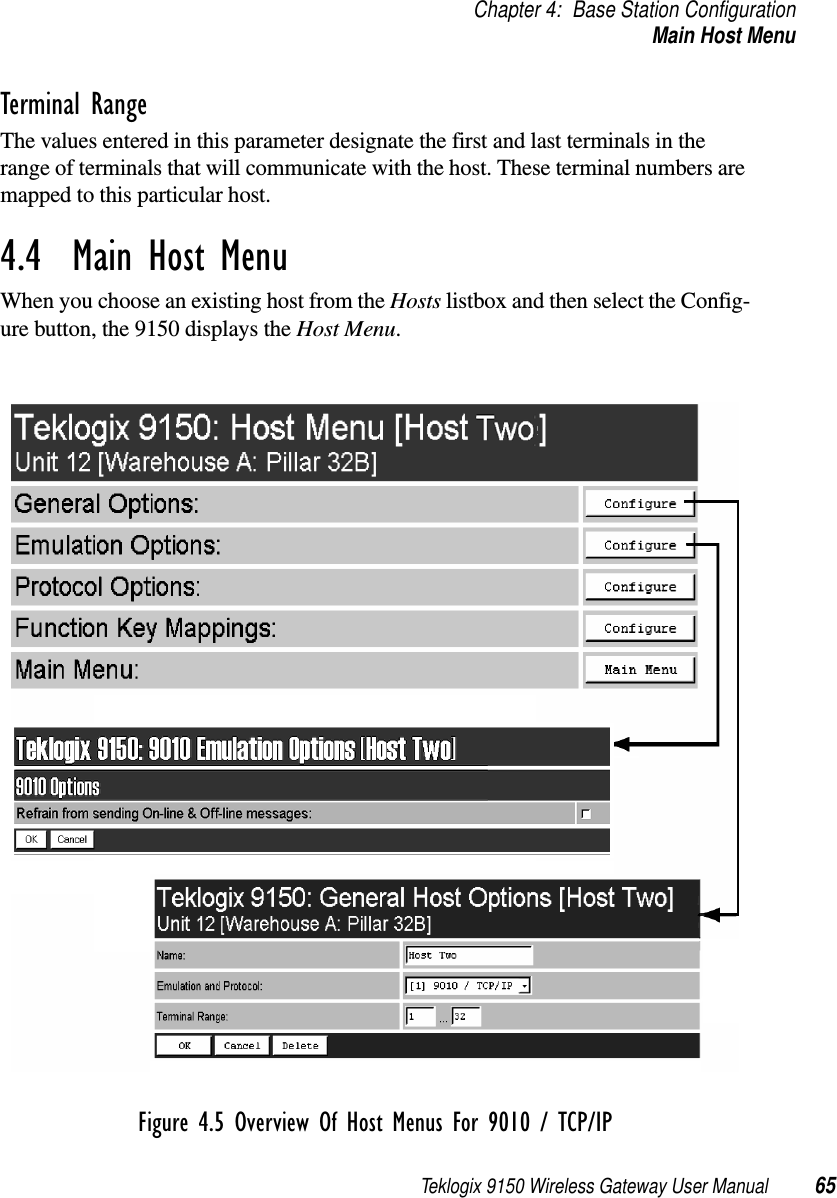 Teklogix 9150 Wireless Gateway User Manual 65Chapter 4: Base Station ConfigurationMain Host MenuTerminal RangeThe values entered in this parameter designate the first and last terminals in the range of terminals that will communicate with the host. These terminal numbers are mapped to this particular host.4.4  Main Host MenuWhen you choose an existing host from the Hosts listbox and then select the Config-ure button, the 9150 displays the Host Menu. Figure 4.5 Overview Of Host Menus For 9010 / TCP/IP