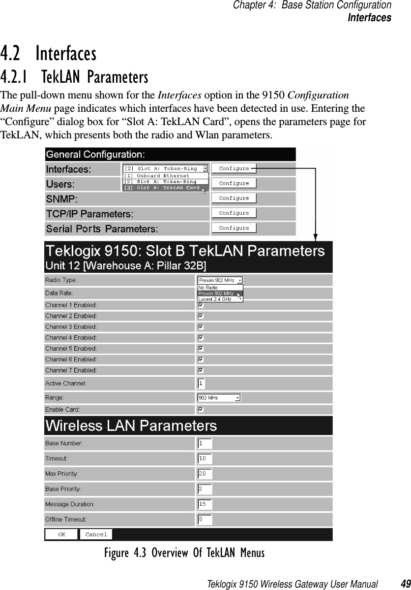 Teklogix 9150 Wireless Gateway User Manual 49Chapter 4: Base Station ConfigurationInterfaces4.2  Interfaces4.2.1  TekLAN ParametersThe pull-down menu shown for the Interfaces option in the 9150 Configuration Main Menu page indicates which interfaces have been detected in use. Entering the “Configure” dialog box for “Slot A: TekLAN Card”, opens the parameters page for TekLAN, which presents both the radio and Wlan parameters.Figure 4.3 Overview Of TekLAN Menus