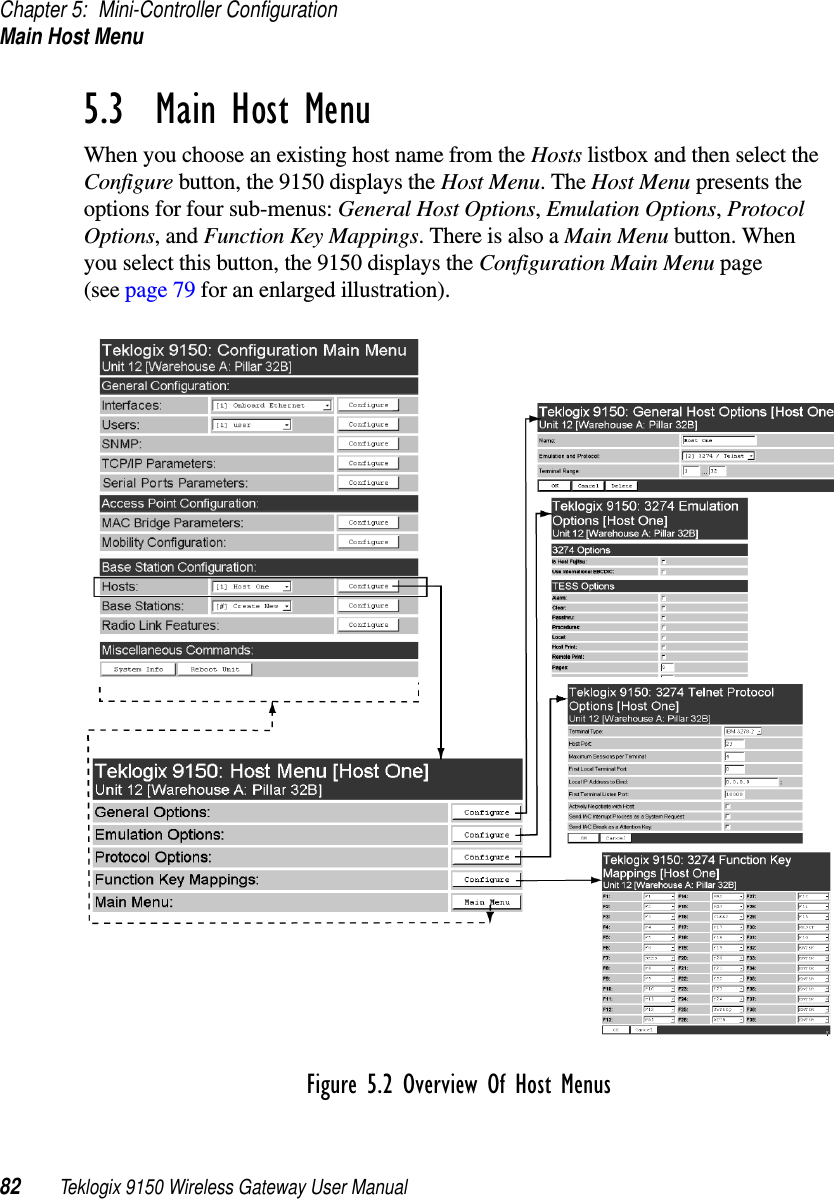 Chapter 5: Mini-Controller ConfigurationMain Host Menu82 Teklogix 9150 Wireless Gateway User Manual5.3  Main Host MenuWhen you choose an existing host name from the Hosts listbox and then select the Configure button, the 9150 displays the Host Menu. The Host Menu presents the options for four sub-menus: General Host Options, Emulation Options, Protocol Options, and Function Key Mappings. There is also a Main Menu button. When you select this button, the 9150 displays the Configuration Main Menu page (see page 79 for an enlarged illustration). Figure 5.2 Overview Of Host Menus