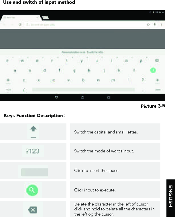 ENGLISHUse and switch of input methodPicture 3.5Keys Function Description：Switch the capital and small lettes.Switch the mode of words input.Click to insert the space.Click input to execute.Delete the character in the left of cursor, click and hold to delete all the characters in the left og the cursor.