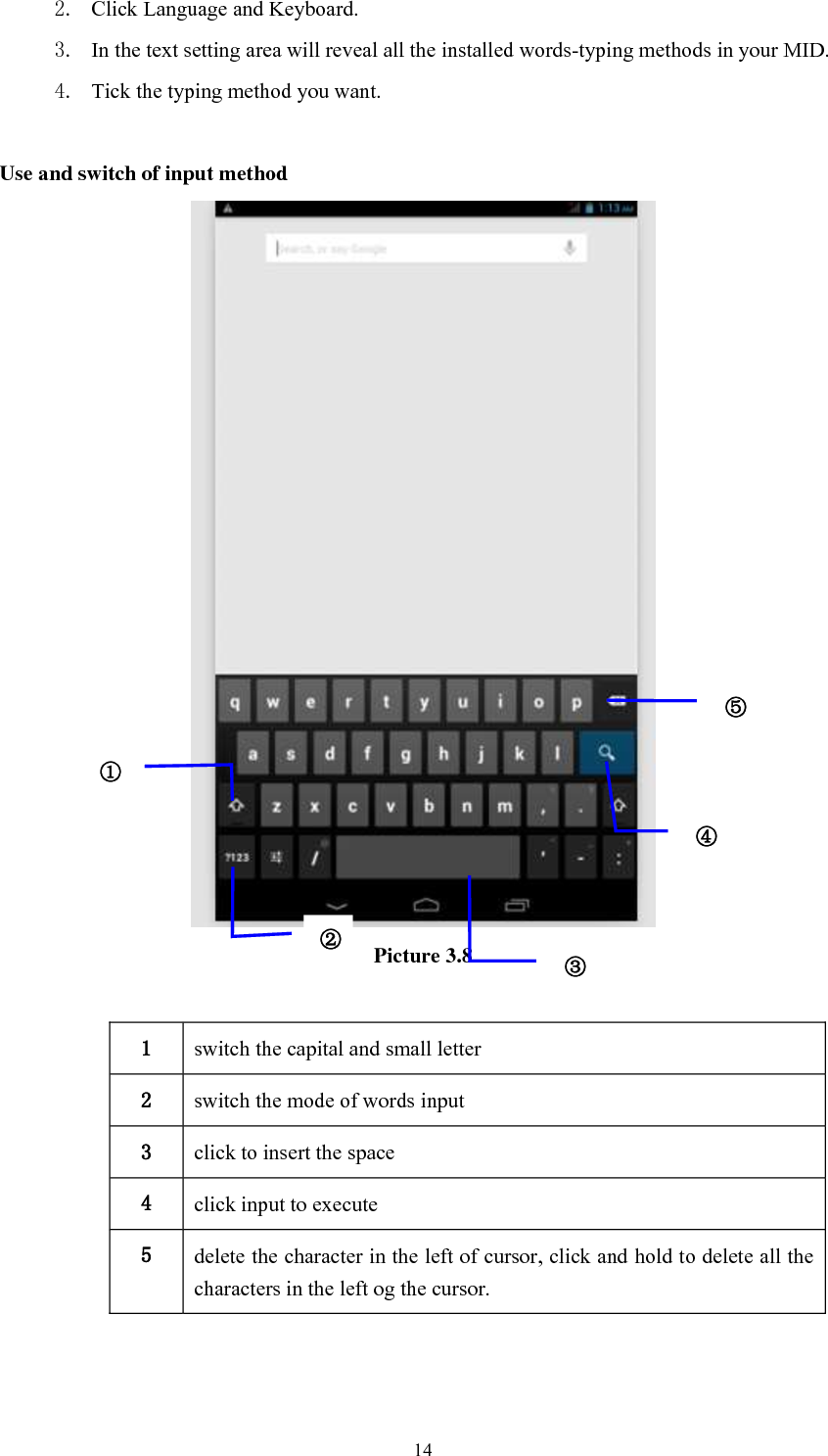      14 2. Click Language and Keyboard. 3. In the text setting area will reveal all the installed words-typing methods in your MID.   4. Tick the typing method you want.  Use and switch of input method  Picture 3.8  1 switch the capital and small letter   2 switch the mode of words input   3 click to insert the space 4 click input to execute 5 delete the character in the left of cursor, click and hold to delete all the characters in the left og the cursor.   ① ② ③3 ⑤ ④ 