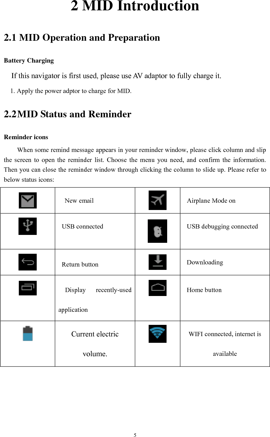      5 2 MID Introduction 2.1 MID Operation and Preparation Battery Charging If this navigator is first used, please use AV adaptor to fully charge it. 1. Apply the power adptor to charge for MID. 2.2 MID Status and Reminder Reminder icons When some remind message appears in your reminder window, please click column and slip the  screen  to  open  the  reminder  list.  Choose  the  menu  you  need,  and  confirm  the  information. Then you can close the reminder window through clicking the column to slide up. Please refer to below status icons:    New email  Airplane Mode on  USB connected  USB debugging connected  Return button  Downloading    Display  recently-used application  Home button  Current electric volume.  WIFI connected, internet is available     