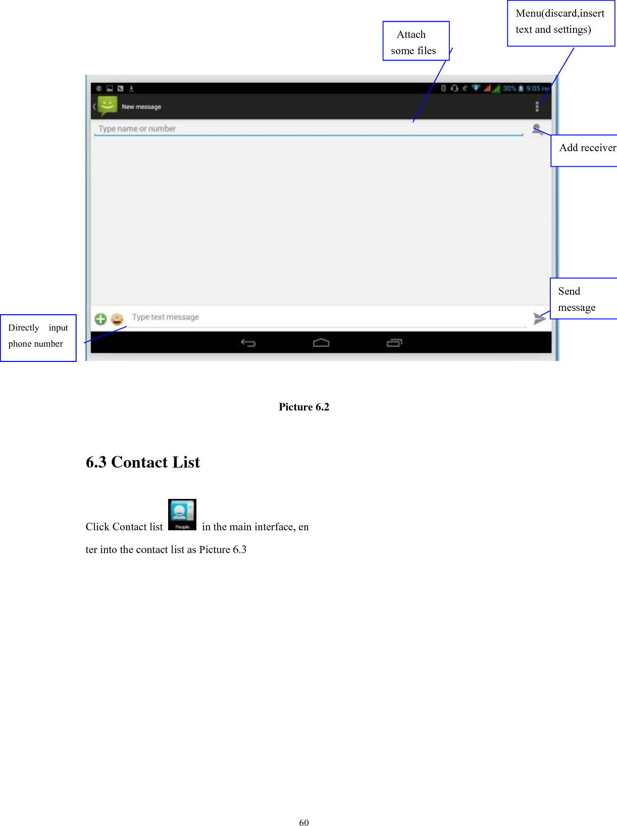      60    Picture 6.2  6.3 Contact List Click Contact list    in the main interface, en ter into the contact list as Picture 6.3 Directly  input phone number  Add receiver  Send message    Attach some files Menu(discard,insert text and settings) 