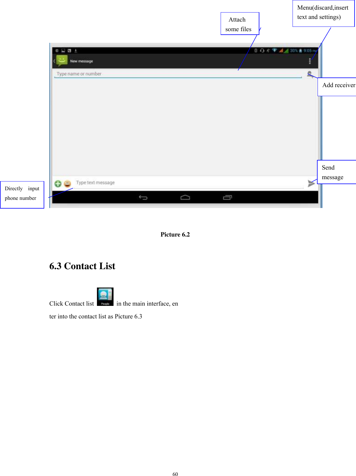      60    Picture 6.2  6.3 Contact List Click Contact list    in the main interface, en ter into the contact list as Picture 6.3 Directly  input phone number  Add receiver  Send message    Attach some files Menu(discard,insert text and settings) 