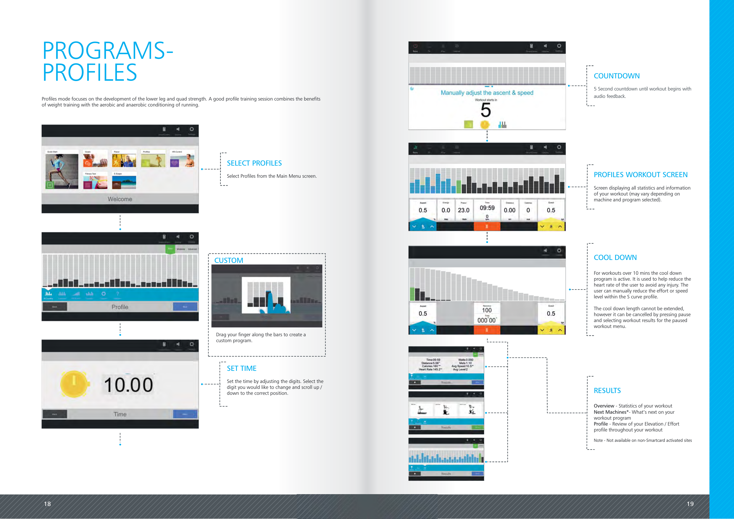 18 19Profiles mode focuses on the development of the lower leg and quad strength. A good profile training session combines the benefitsof weight training with the aerobic and anaerobic conditioning of running.PROGRAMS-PROFILESCUSTOMDrag your finger along the bars to create acustom program.PROFILES WORKOUT SCREENScreen displaying all statistics and informationof your workout (may vary depending onmachine and program selected).SELECT PROFILESSelect Profiles from the Main Menu screen.Overview - Statistics of your workoutNext Machines*- What&rsquo;s next on yourworkout programProfile - Review of your Elevation / Effortprofile throughout your workoutNote - Not available on non-Smartcard activated sitesRESULTSCOUNTDOWN5 Second countdown until workout begins withaudio feedback.SET TIMESet the time by adjusting the digits. Select thedigit you would like to change and scroll up /down to the correct position.For workouts over 10 mins the cool downprogram is active. It is used to help reduce theheart rate of the user to avoid any injury. Theuser can manually reduce the effort or speedlevel within the S curve profile.The cool down length cannot be extended,however it can be cancelled by pressing pauseand selecting workout results for the pausedworkout menu.COOL DOWN