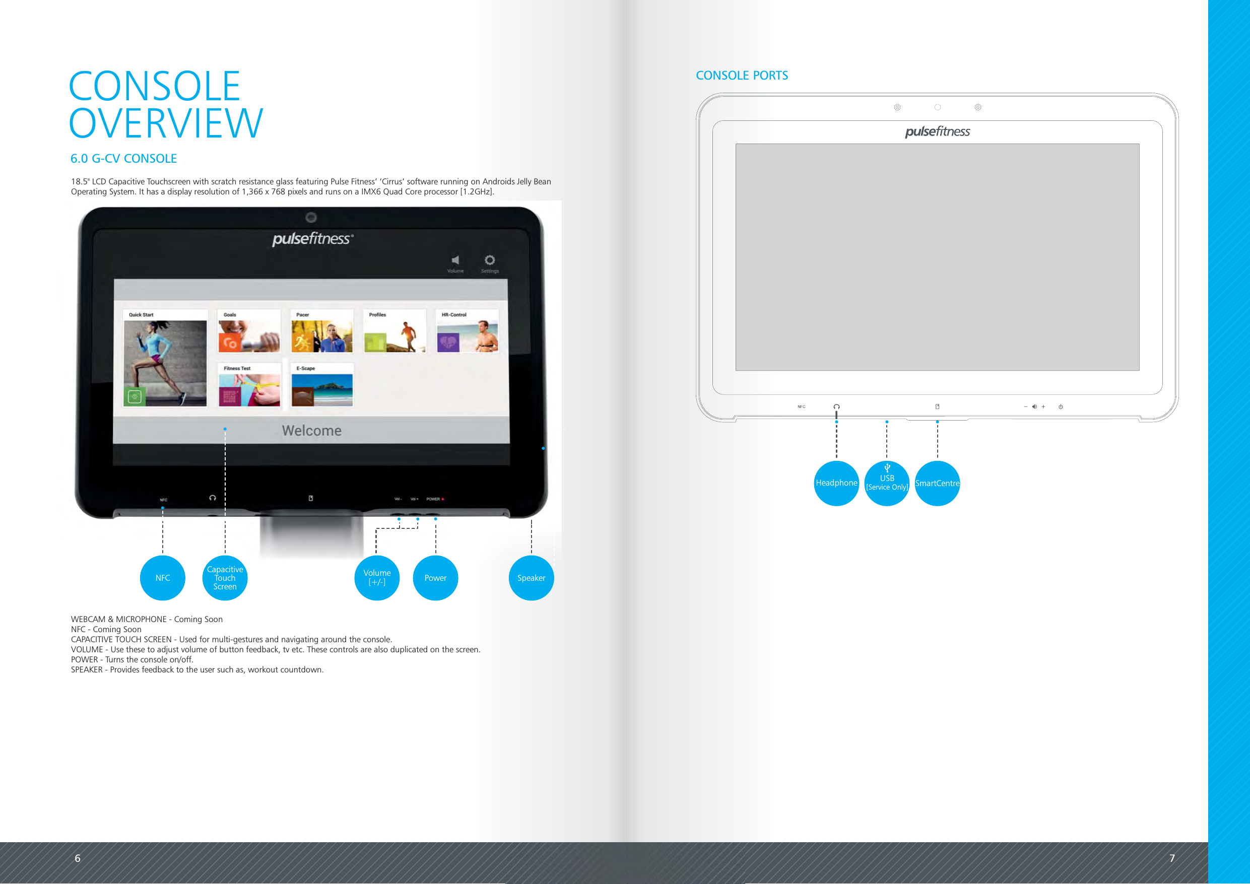 76CONSOLE PORTSSmartCentreHeadphone USB[Service Only]CONSOLEOVERVIEW6.0 G-CV CONSOLEPowerVolume[+/-]NFC CapacitiveTouchScreenWEBCAM &amp; MICROPHONE - Coming SoonNFC - Coming SoonCAPACITIVE TOUCH SCREEN - Used for multi-gestures and navigating around the console.VOLUME - Use these to adjust volume of button feedback, tv etc. These controls are also duplicated on the screen.POWER - Turns the console on/off.SPEAKER - Provides feedback to the user such as, workout countdown.Speaker18.5" LCD Capacitive Touchscreen with scratch resistance glass featuring Pulse Fitness&rsquo; &lsquo;Cirrus&rsquo; software running on Androids Jelly BeanOperating System. It has a display resolution of 1,366 x 768 pixels and runs on a IMX6 Quad Core processor [1.2GHz].
