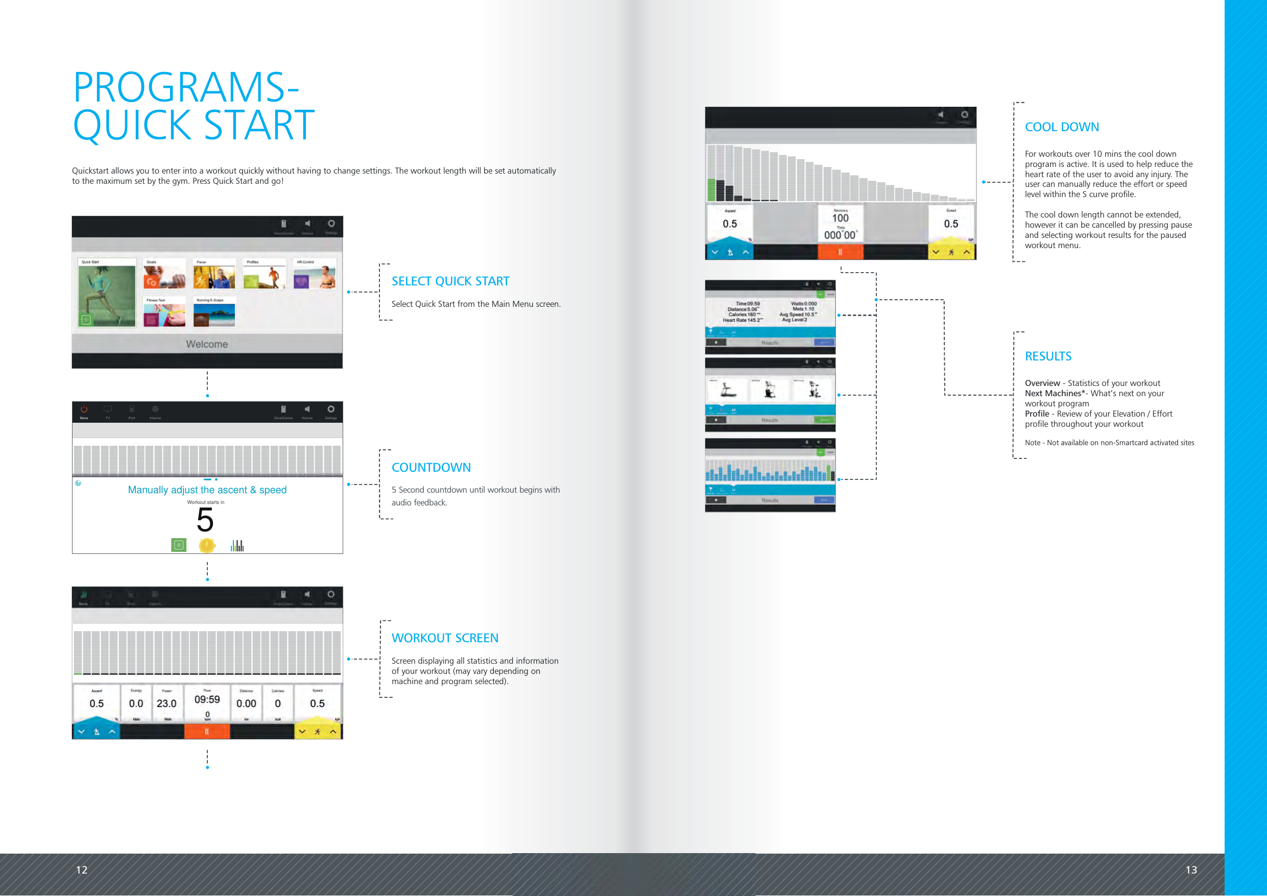 12 13PROGRAMS-Quickstart allows you to enter into a workout quickly without having to change settings. The workout length will be set automaticallyto the maximum set by the gym. Press Quick Start and go!QUICK STARTWORKOUT SCREENScreen displaying all statistics and informationof your workout (may vary depending onmachine and program selected).COUNTDOWN5 Second countdown until workout begins withaudio feedback.SELECT QUICK STARTSelect Quick Start from the Main Menu screen.For workouts over 10 mins the cool downprogram is active. It is used to help reduce theheart rate of the user to avoid any injury. Theuser can manually reduce the effort or speedlevel within the S curve profile.The cool down length cannot be extended,however it can be cancelled by pressing pauseand selecting workout results for the pausedworkout menu.COOL DOWNOverview - Statistics of your workoutNext Machines*- What&rsquo;s next on yourworkout programProfile - Review of your Elevation / Effortprofile throughout your workoutNote - Not available on non-Smartcard activated sitesRESULTS10%Profile adjustNone TV iPod Internet Volume SettingsSmartCentre8.8SpeedCalories88.88.88Energy Power8.8 8.8DistanceTime88:88kphbpmlevel 88813X-Country BeginnerWattsMets km kcal/31Manually adjust the ascent &amp; speed5Workout starts in