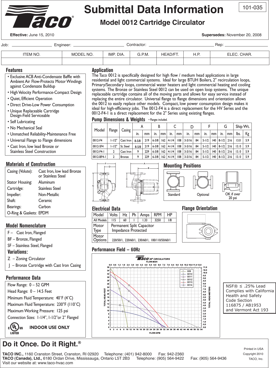 Page 1 of 1 - 12499 3 Taco 0012-Bf4-1 Submittal User Manual