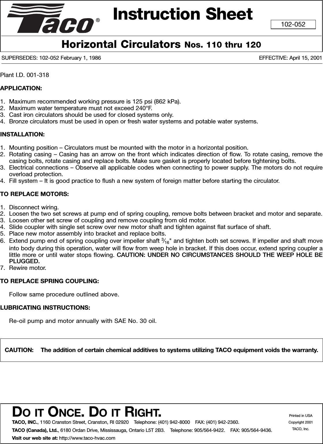 Page 1 of 2 - 12520 3 Taco 110-24 Instructions 102-052 (Page 2) User Manual