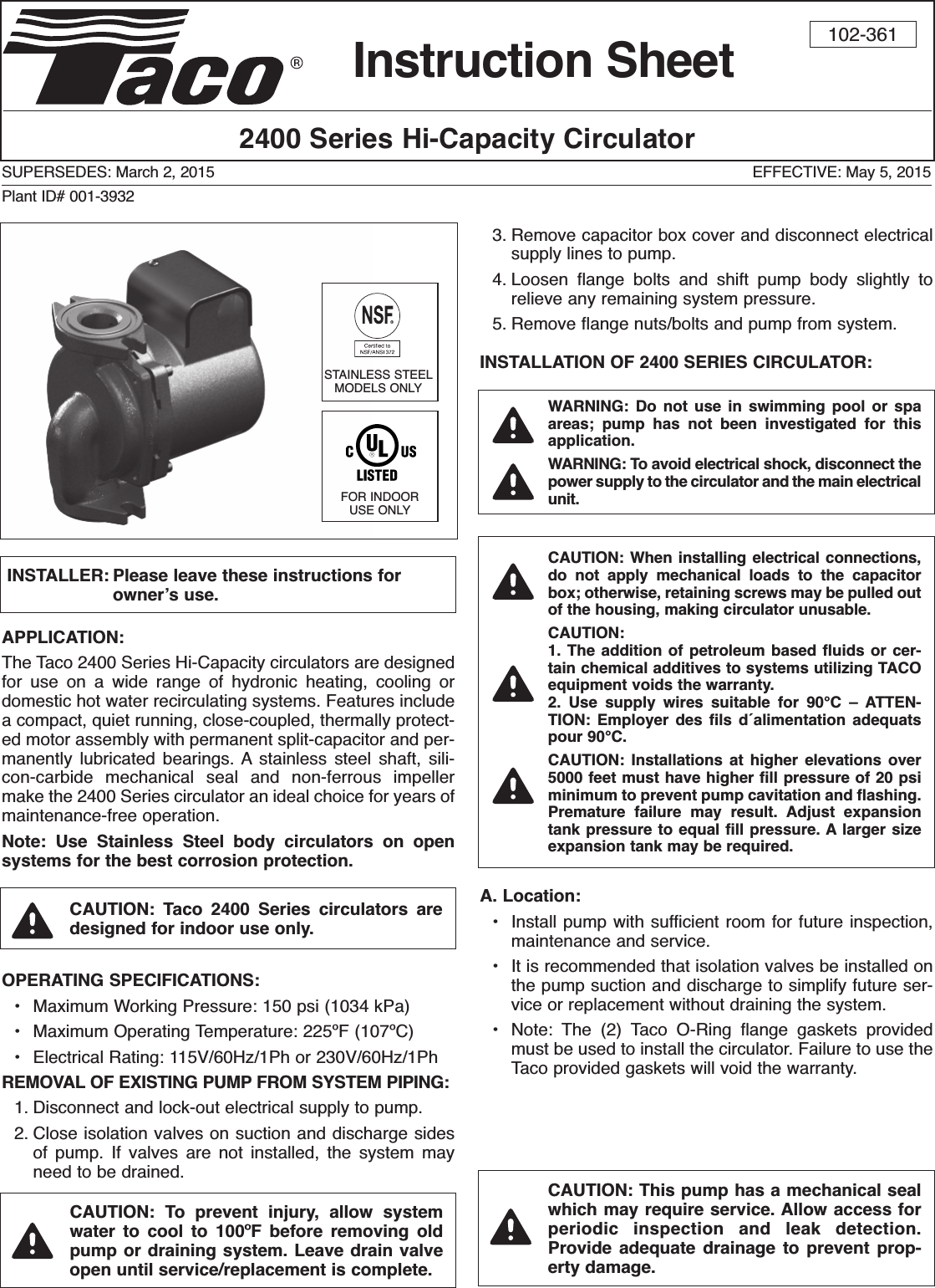 Page 1 of 4 - 12535 3 Taco 2400 High Capacity Circulators Instructions 102-349 WOOD BOILER IN. SH. User Manual