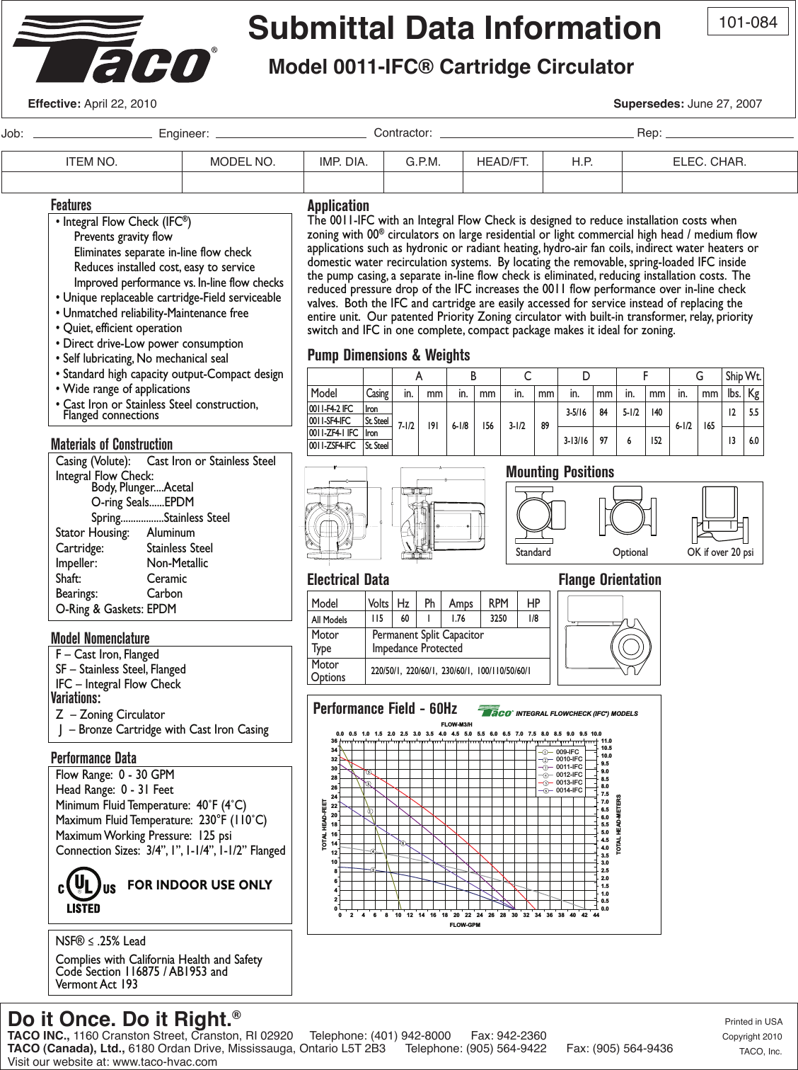 Page 1 of 1 - 12588 2 Taco 0011-F4-2Ifc Submittal User Manual