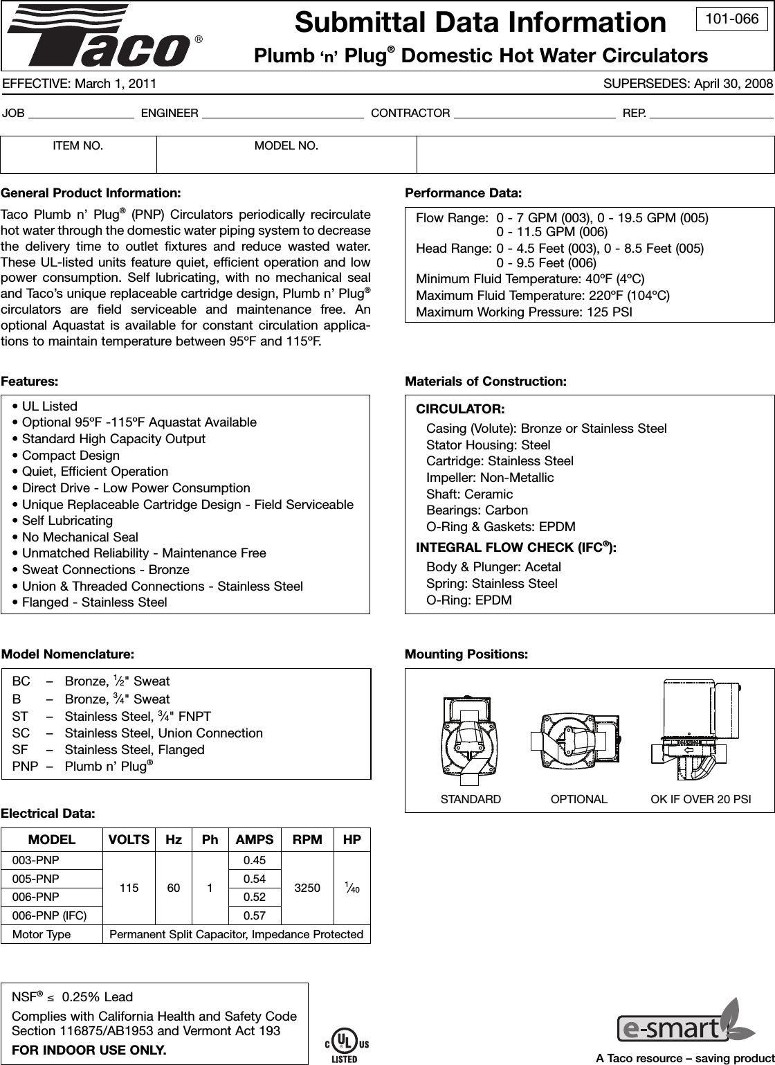 Page 1 of 5 - 12696 2 Taco 006-Bc4-Pnp Submittal PageW - Graph  Data 1 User Manual