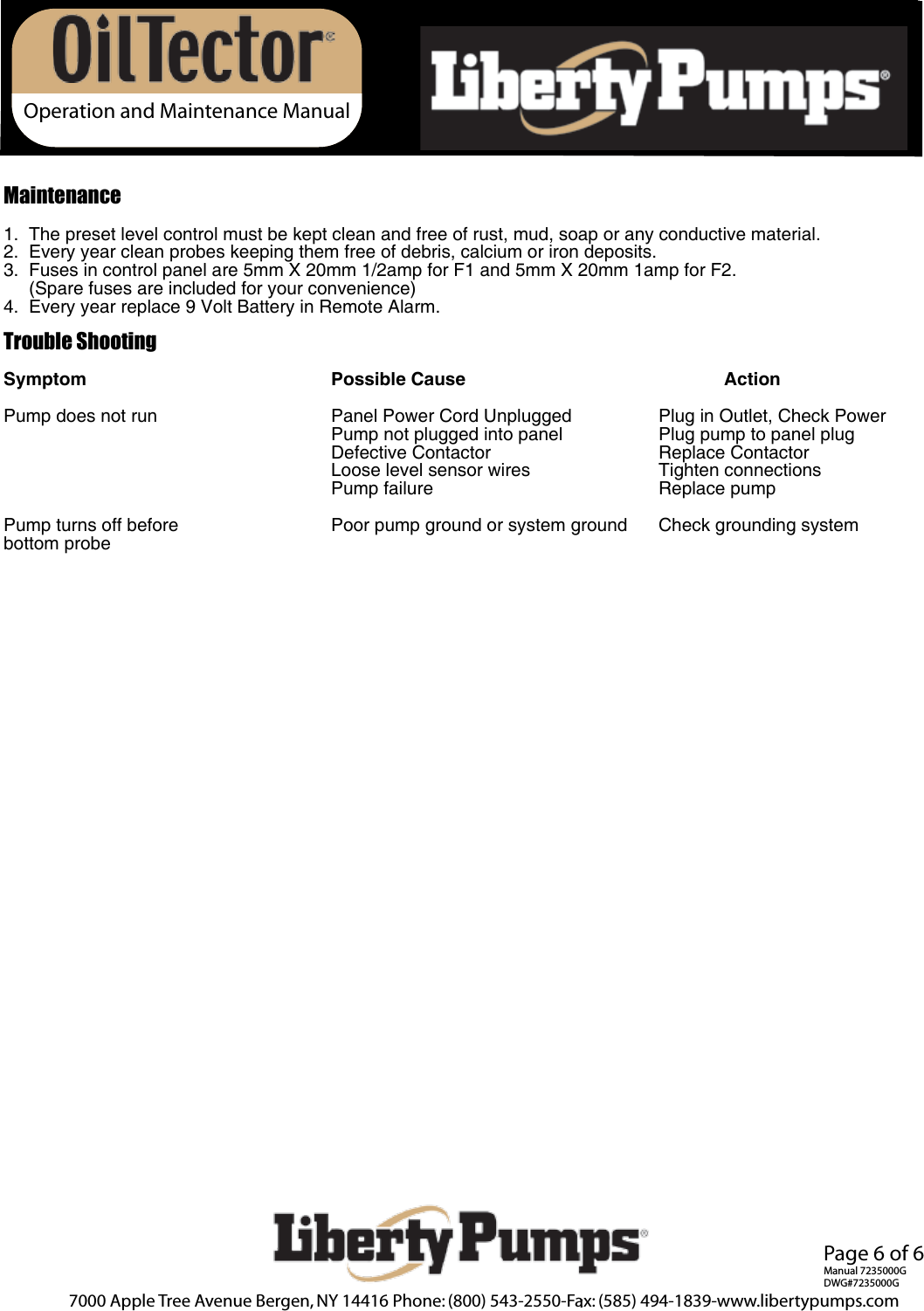 Page 6 of 6 - 1272 2 Liberty Elv280 Instructions Pump OilTector Installation Rev. 7235000G  User Manual