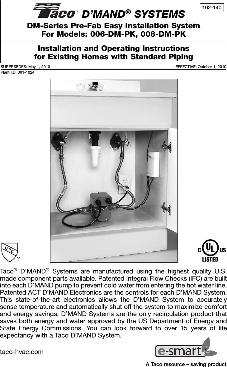 Page 1 of 6 - 12750 4 Taco 008-Dm-Pk Instructions E-smartLogo User Manual