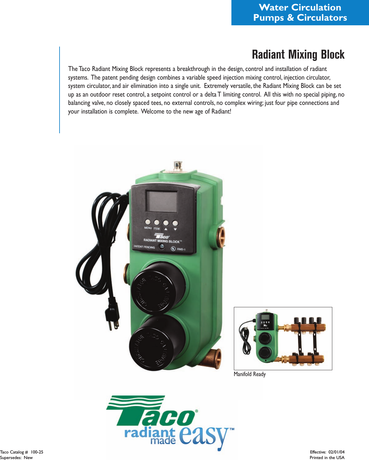 Page 1 of 2 - 12906 1 Taco 193-004Rp Brochure TAC-5698_RadiantMixingBlock_100-25 User Manual