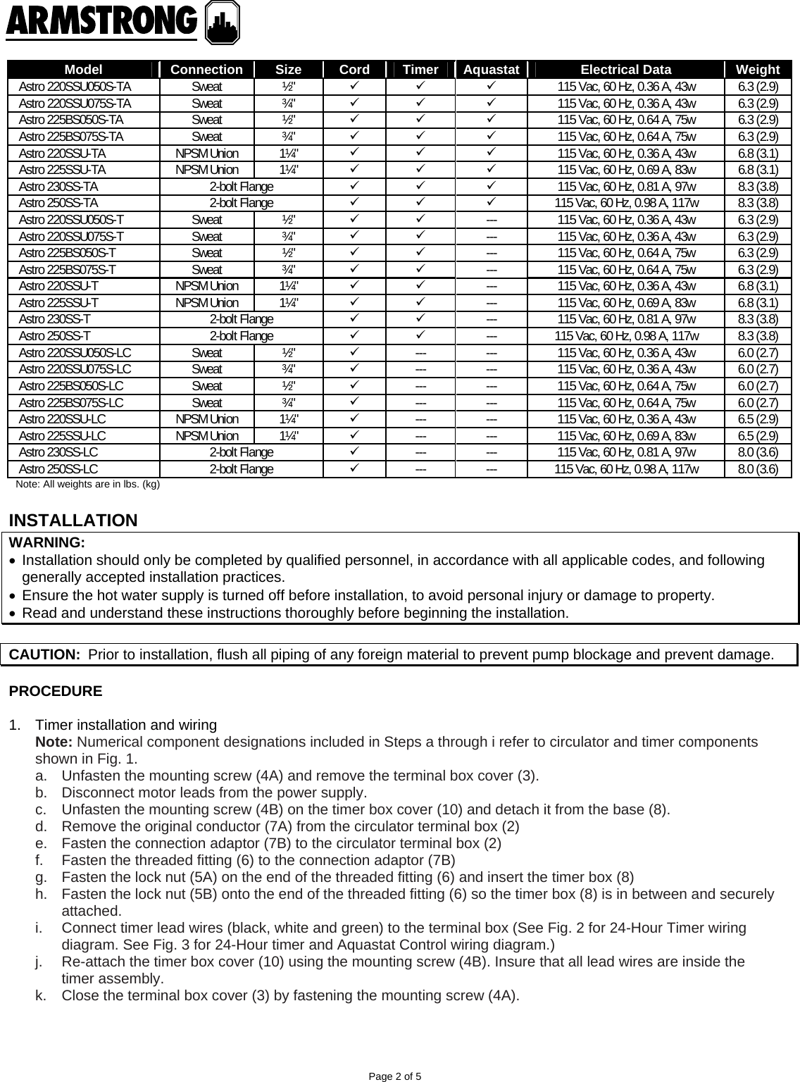 Page 2 of 5 - 13533 3 Armstrong Astro 2 Hot Water Recirculation System Installation Manual - 10.812_Astro2T_TA_I&O_New User