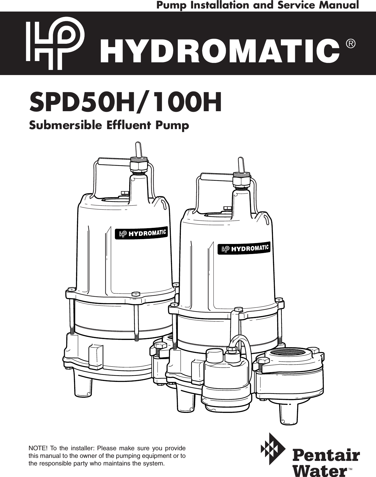 Page 1 of 12 - 139785 2 Hydromatic Spd100H Owners Manual W-03-193 User
