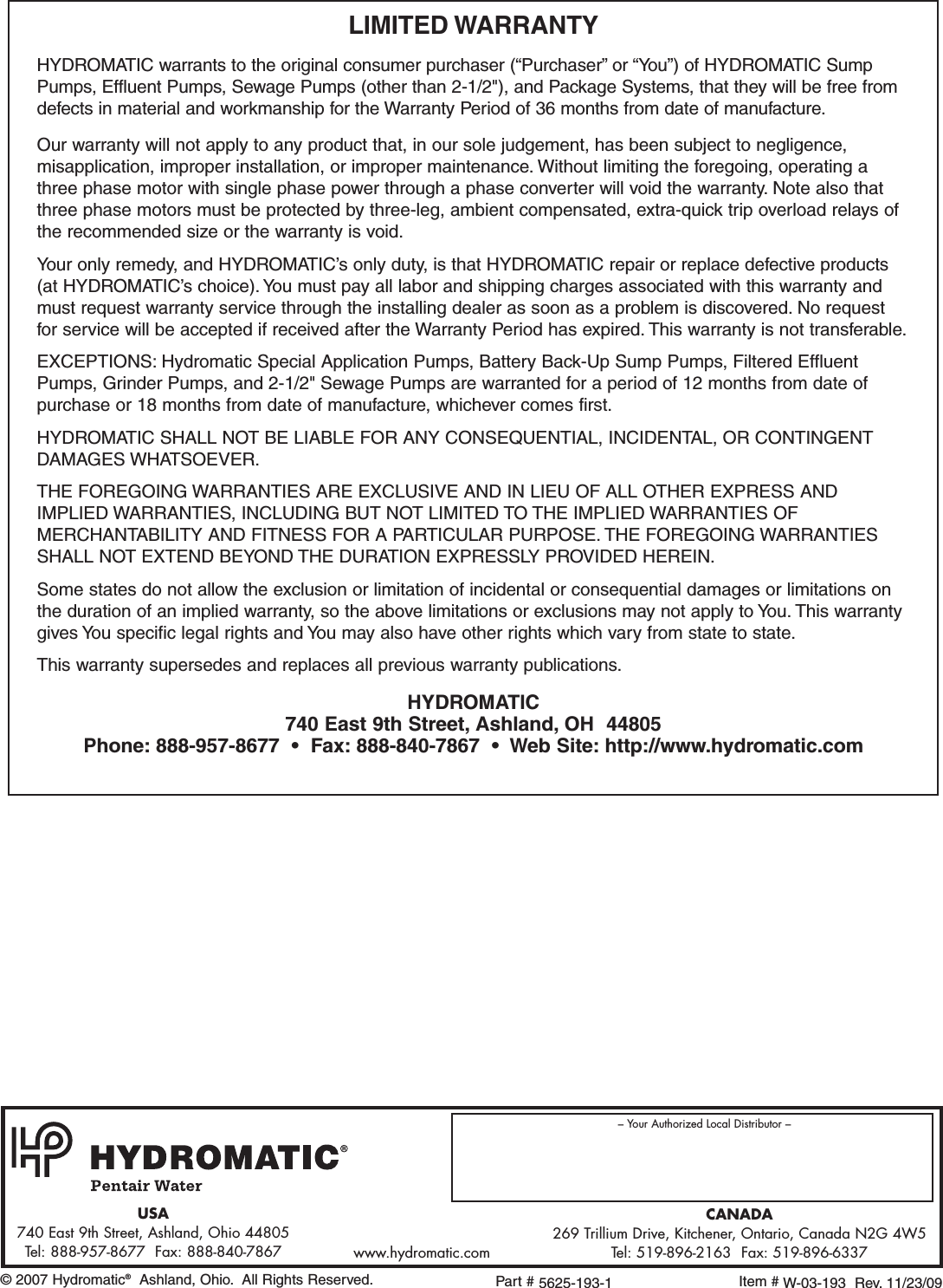 Page 12 of 12 - 139785 2 Hydromatic Spd100H Owners Manual W-03-193 User