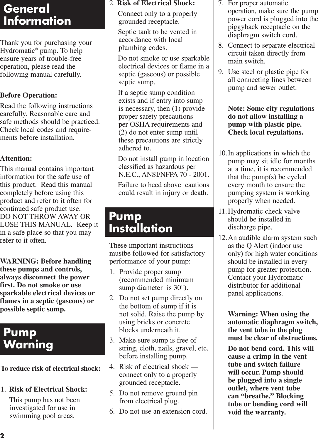 Page 2 of 12 - 139785 2 Hydromatic Spd100H Owners Manual W-03-193 User