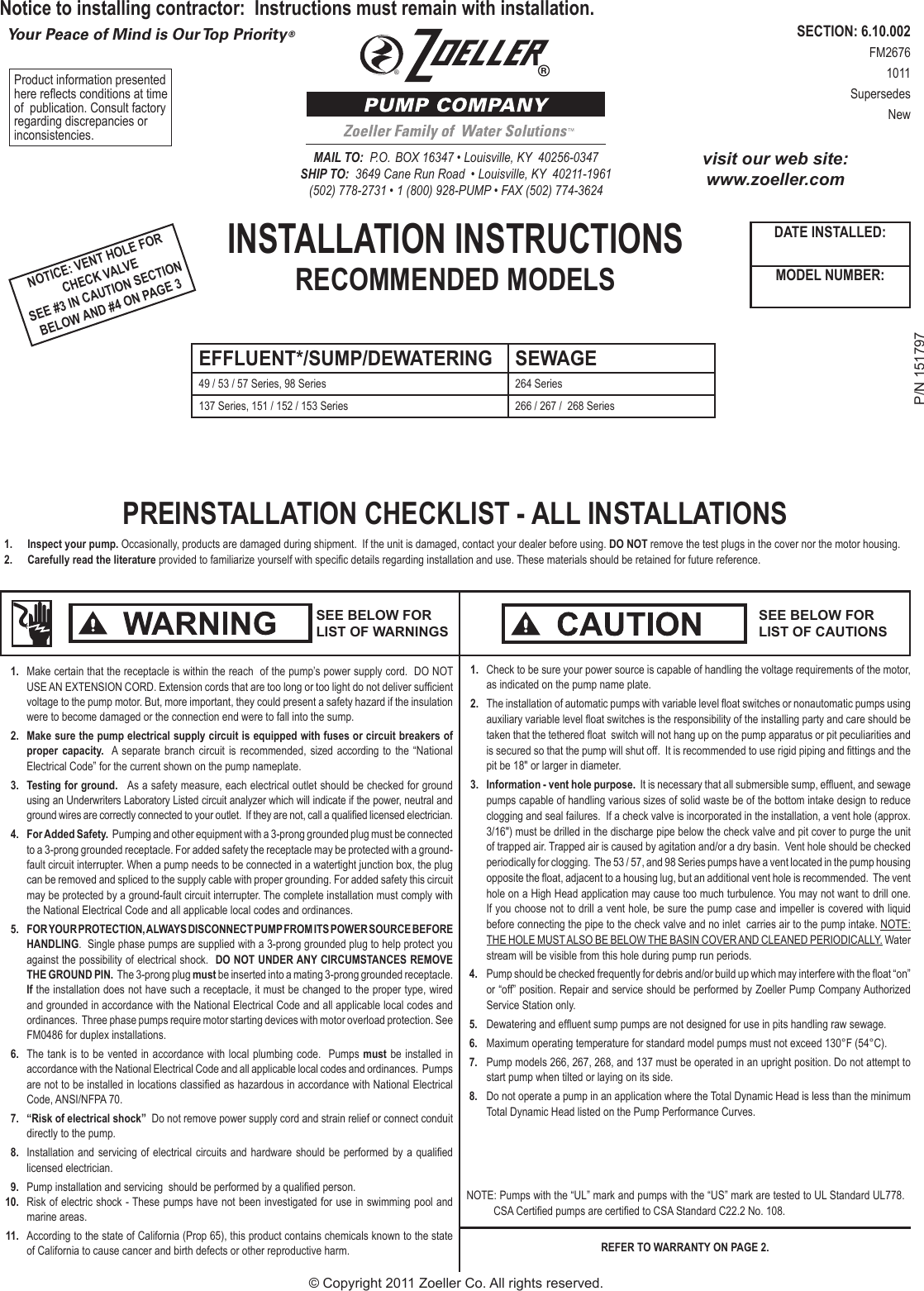 Page 1 of 12 - 143 2 Zoeller M53 Product Instructions User Manual