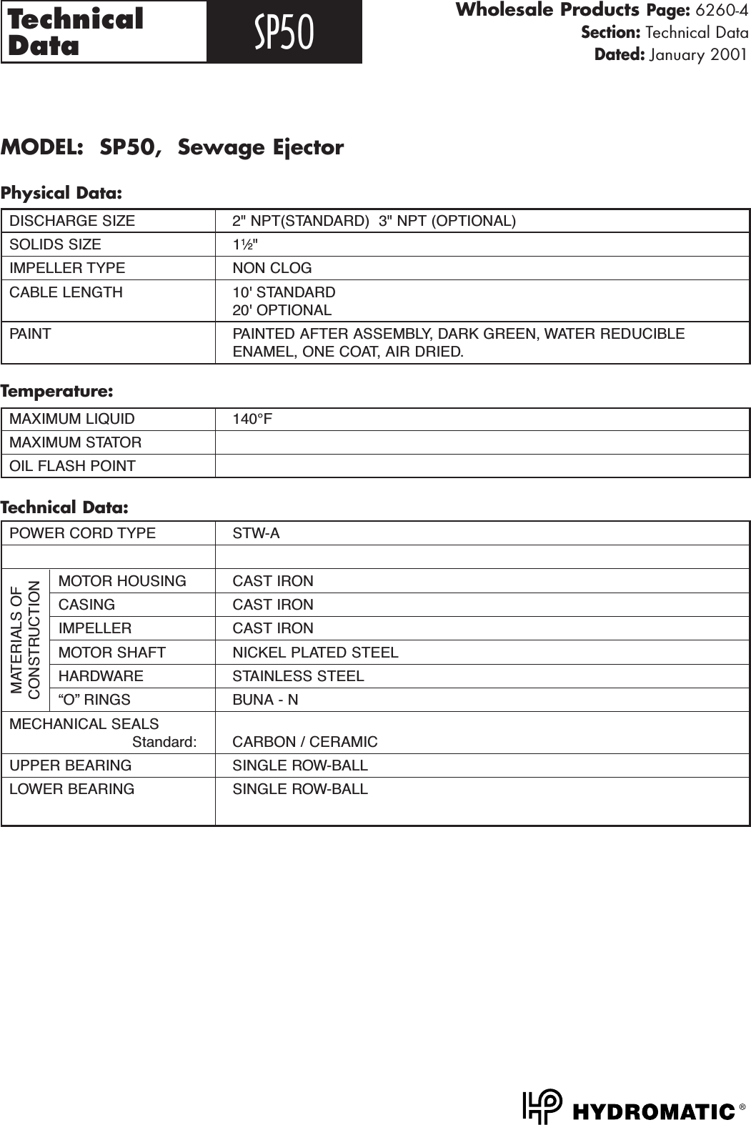 Page 4 of 6 - 145411 3 Hydromatic Sp50 Curves 16_6260 SP50.Specs  User Manual